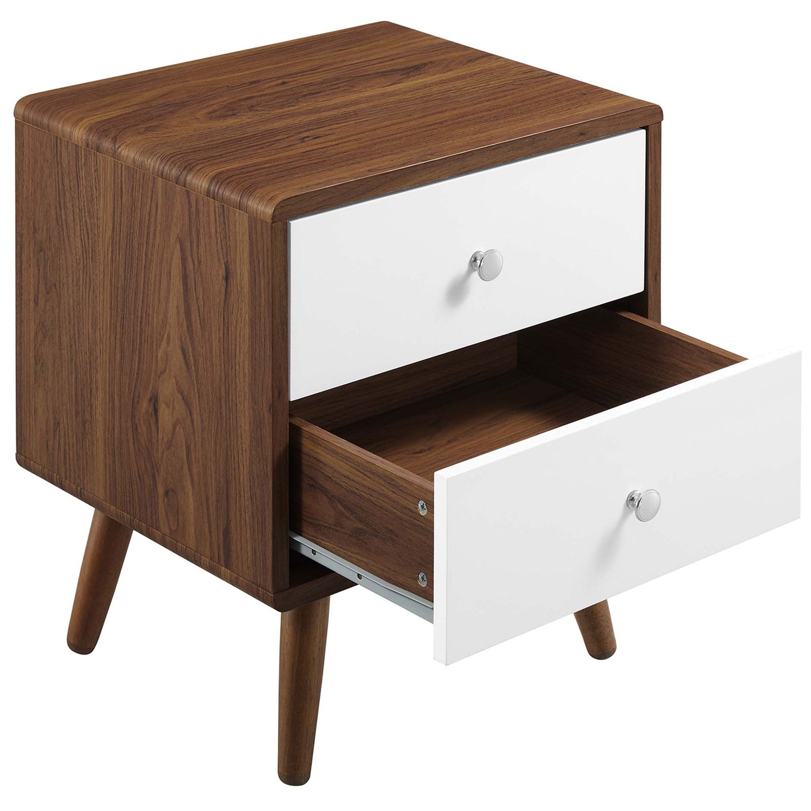 Walnut nightstand with one drawer open, revealing full-extension storage for bedside essentials. || MOD-7017-WAL-WHI || front_angle_open_studio