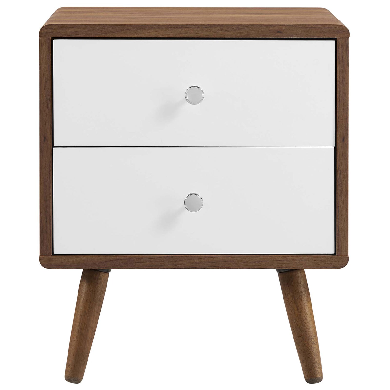 Mid-century nightstand with two white drawers, chrome knobs, and angled tapered legs in warm walnut. || MOD-7017-WAL-WHI || front_studio
