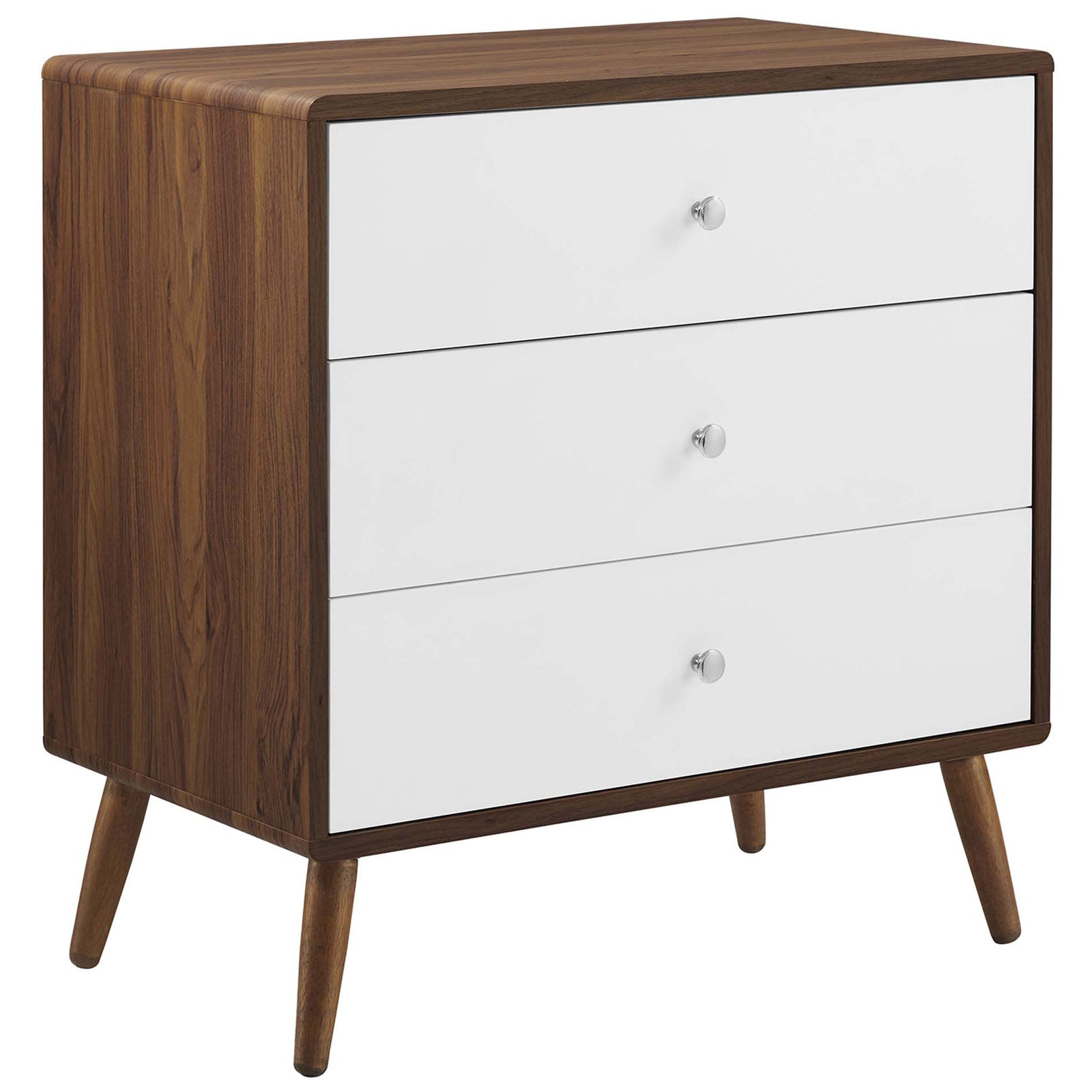 Mid-century walnut and white three-drawer chest with sleek chrome knobs and tapered wood legs || MOD-7018-WAL-WHI || front_angle_studio