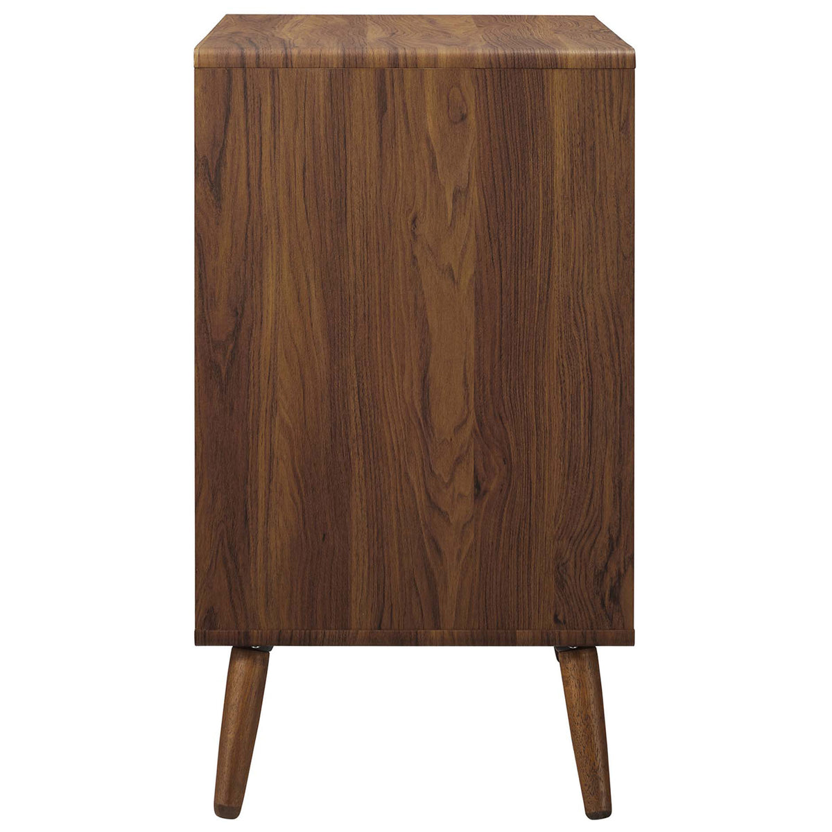 Warm walnut wood-grain side profile highlighting the smooth, rounded edges of the three-drawer chest || MOD-7018-WAL-WHI || side_studio
