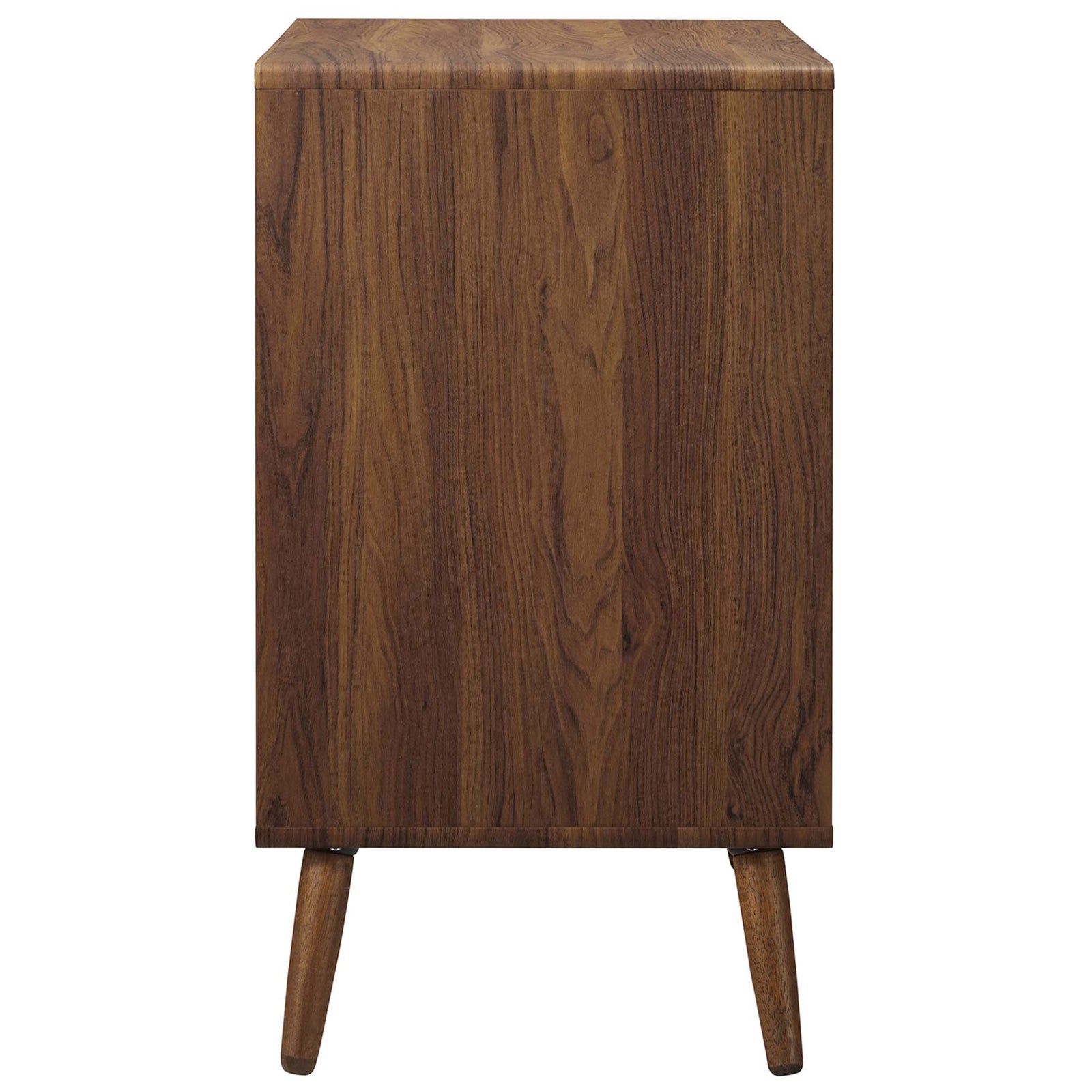 Warm walnut wood-grain side profile highlighting the smooth, rounded edges of the three-drawer chest || MOD-7018-WAL-WHI || side_studio