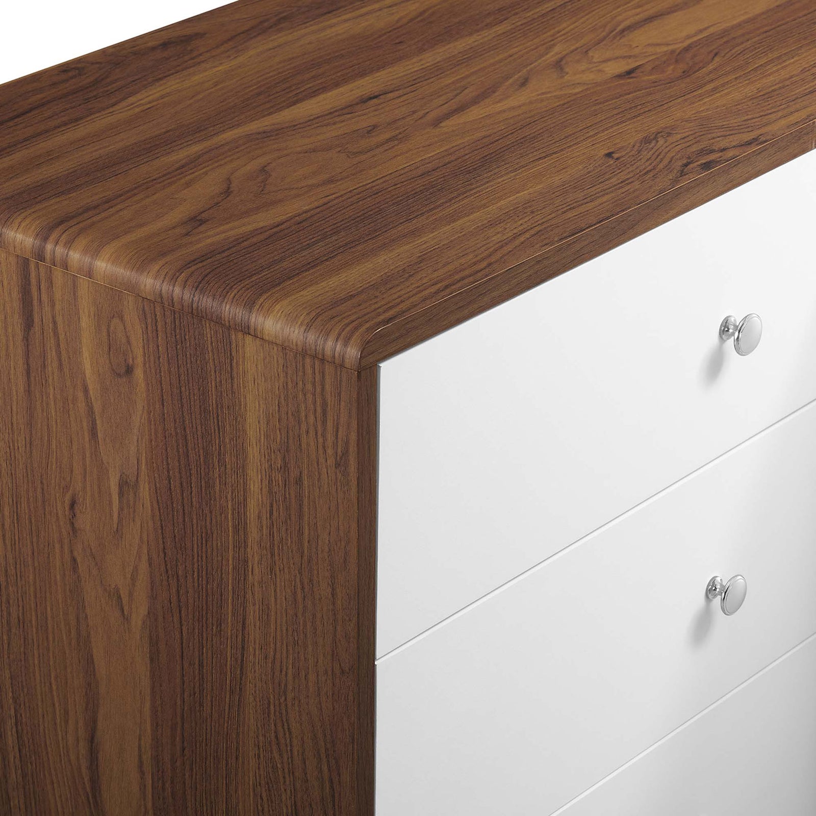 Walnut top with rounded corners paired with a white lacquer drawer front and chrome knob || MOD-7018-WAL-WHI || detail_studio