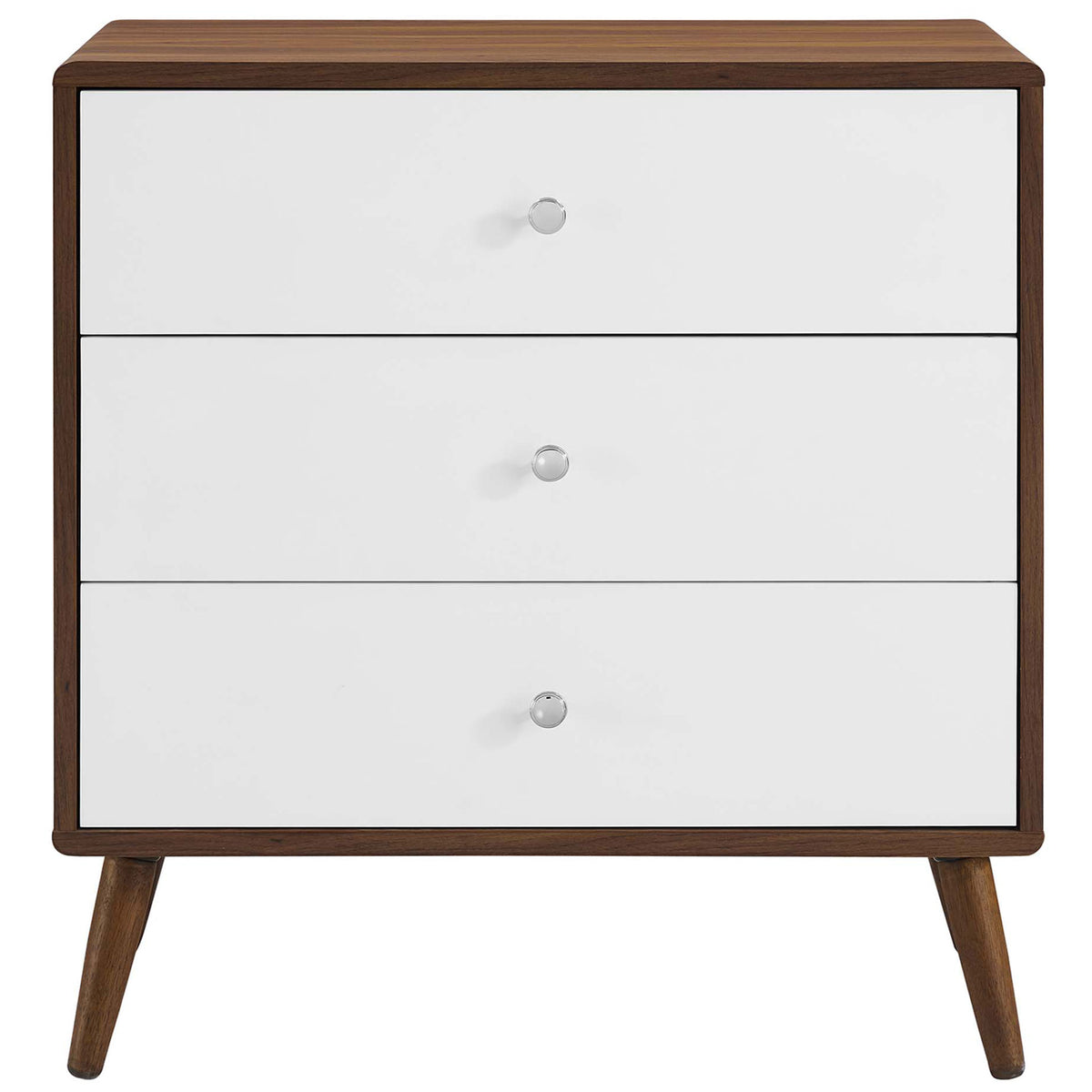 Walnut and white three-drawer chest with crisp modern silhouette and mid-century tapered legs || MOD-7018-WAL-WHI || front_studio