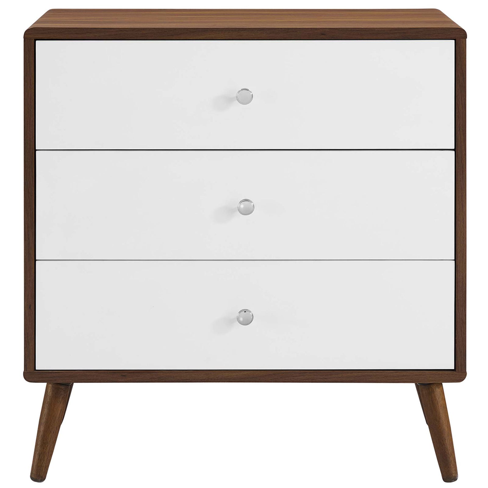 Walnut and white three-drawer chest with crisp modern silhouette and mid-century tapered legs || MOD-7018-WAL-WHI || front_studio