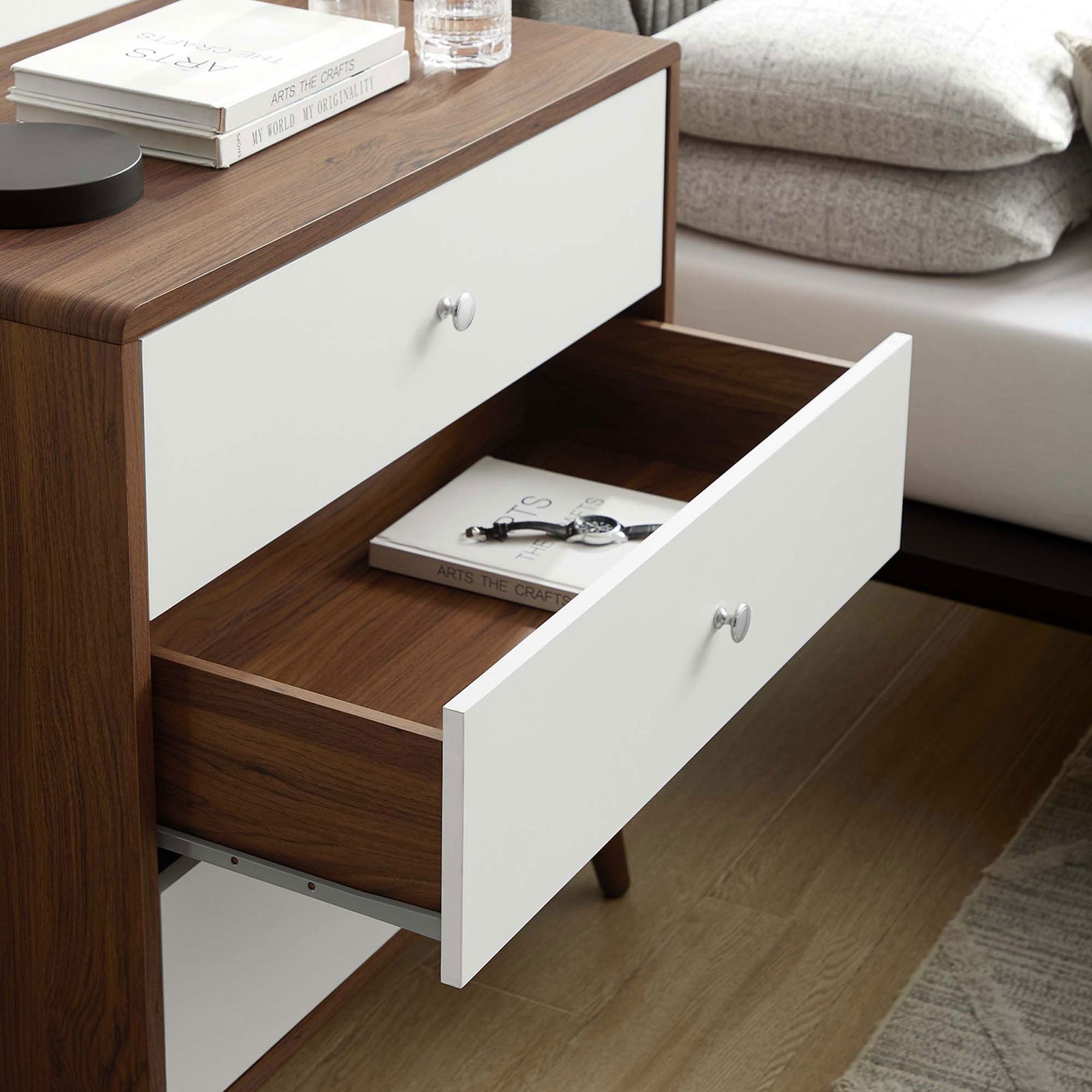 Chest styled beside a bed, showing the walnut and white finish and easy-access drawer storage || MOD-7018-WAL-WHI || storage_open_room