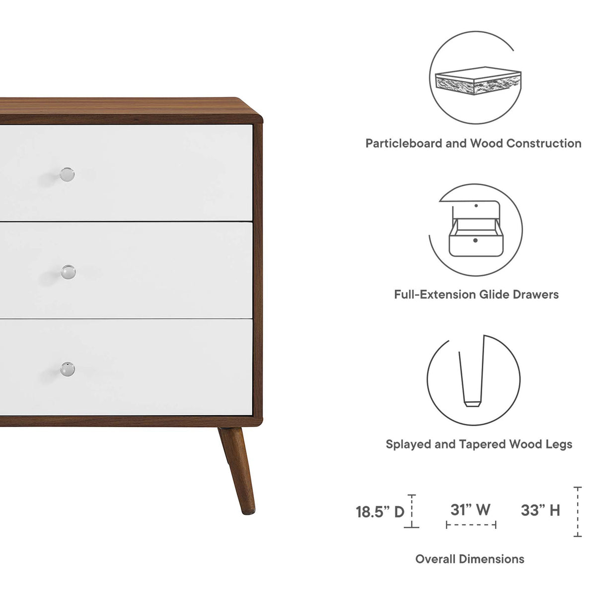 Dimension and feature diagram of the walnut and white three-drawer chest with tapered legs || MOD-7018-WAL-WHI || dimension_studio