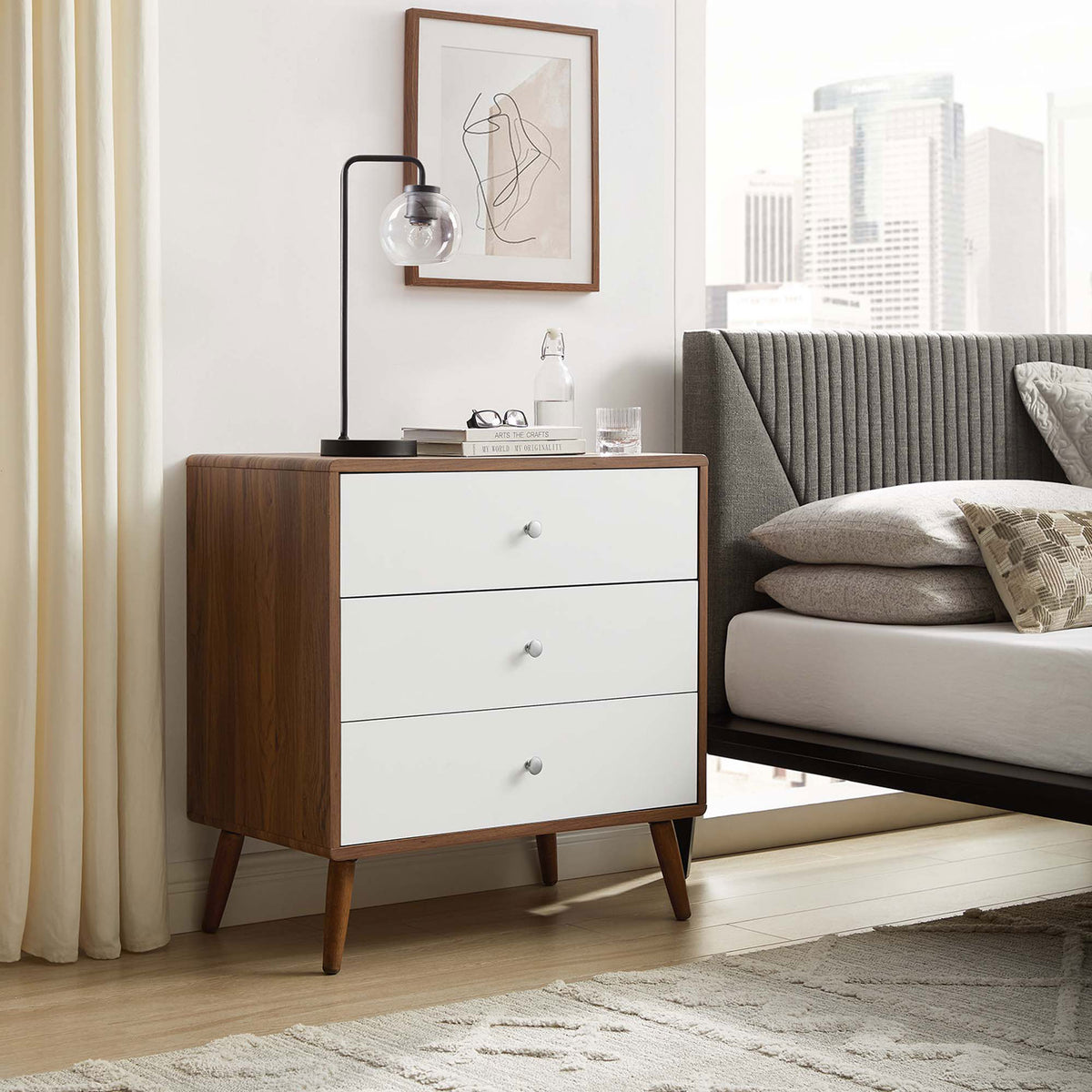 Walnut and white three-drawer chest adding mid-century charm and extra storage to a modern bedroom || MOD-7018-WAL-WHI || front_angle_room