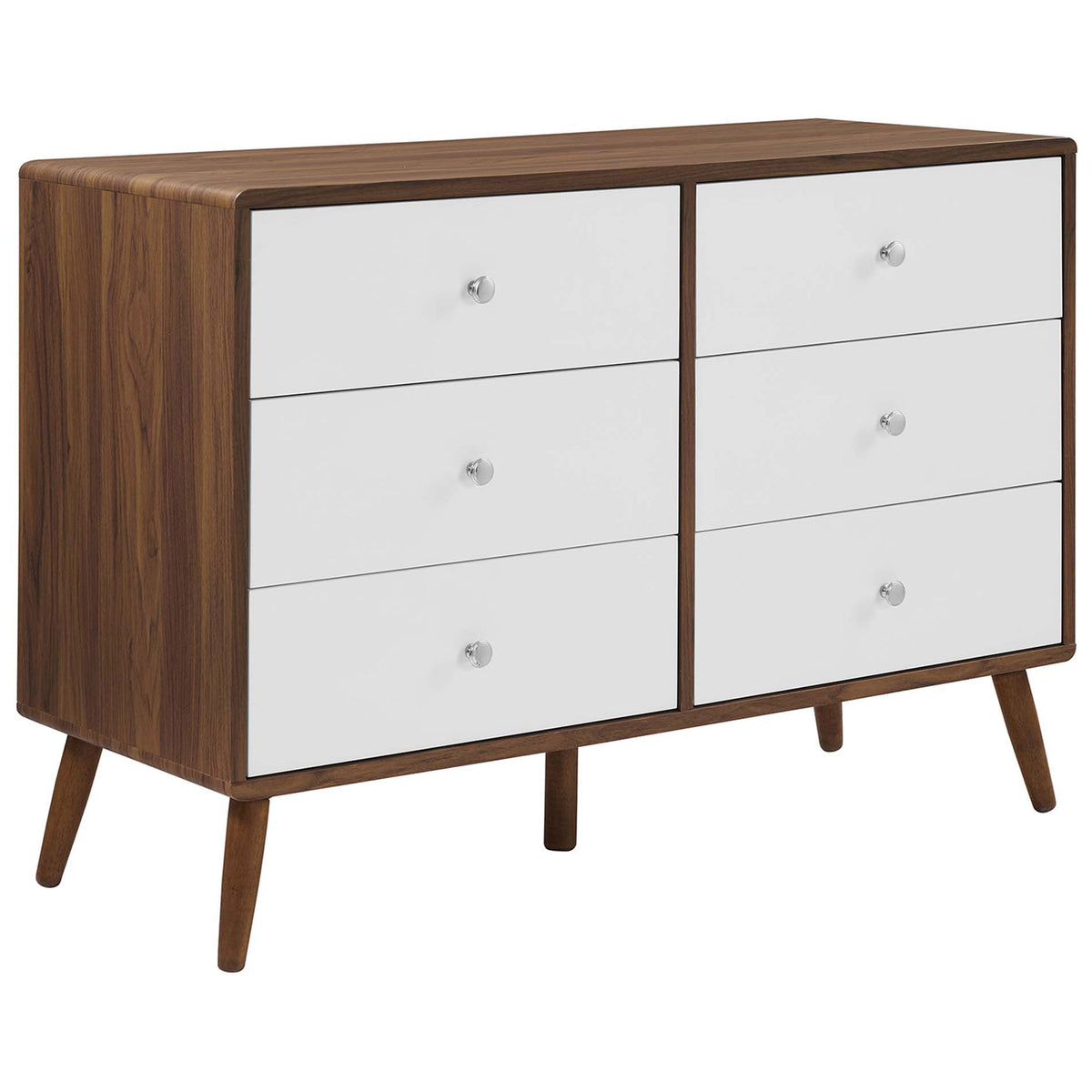 Compact walnut and white dresser showcasing smooth curved corners and a clean boxy frame. || MOD-7021-WAL-WHI || front_angle_studio