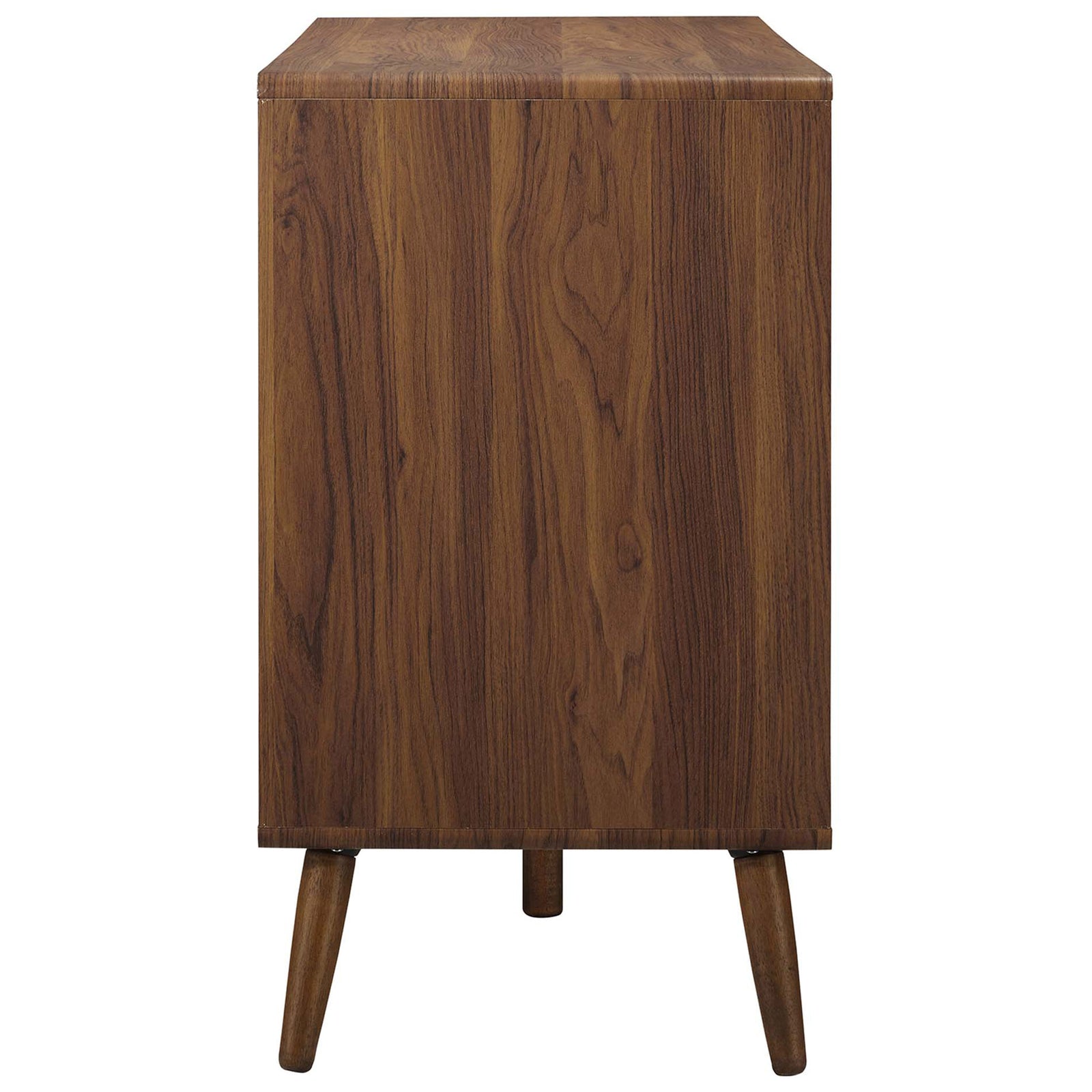 Walnut dresser side panel with rich wood grain and softly rounded edges on tapered legs. || MOD-7021-WAL-WHI || side_studio