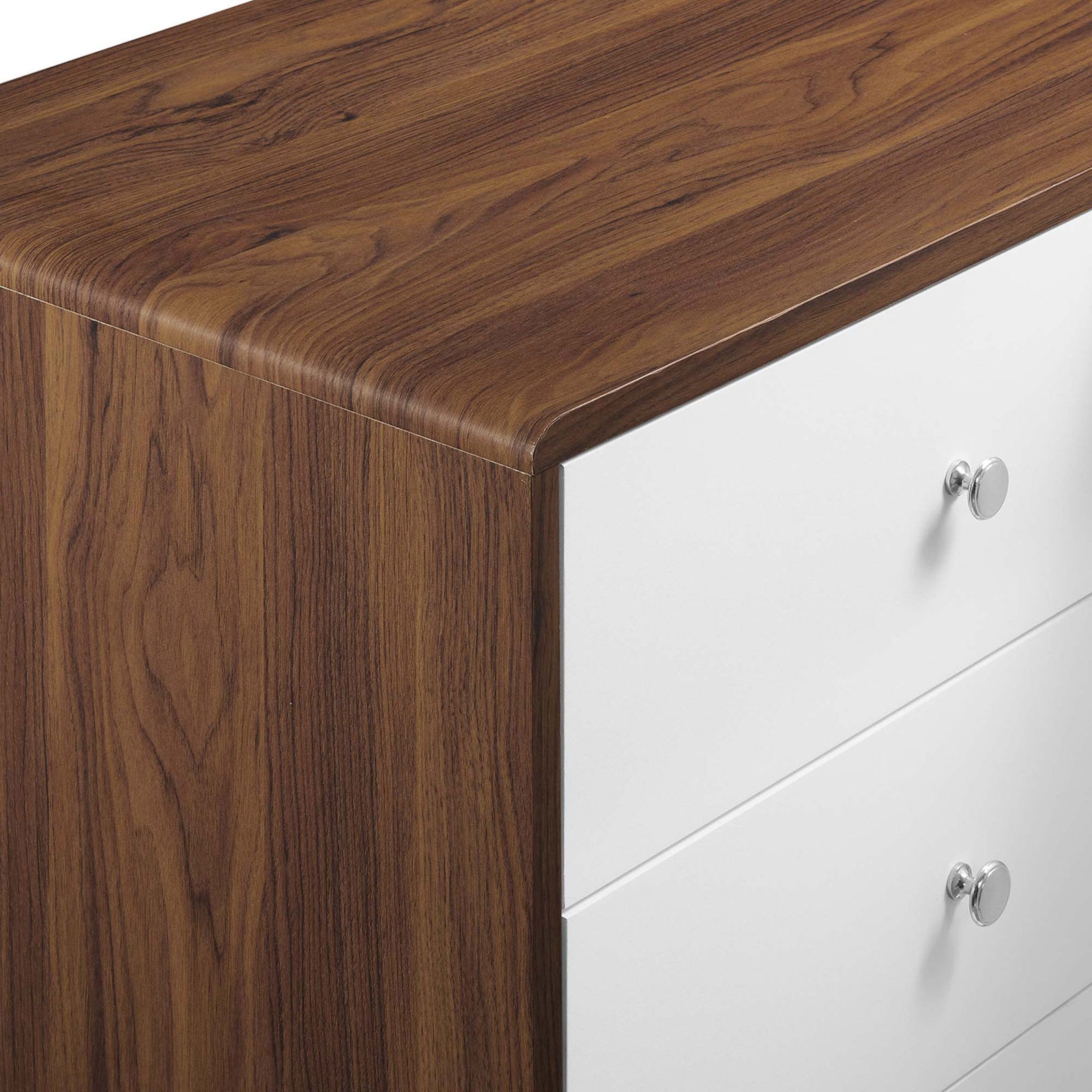 Walnut dresser top with rounded edge and bright white drawer fronts for crisp contrast. || MOD-7021-WAL-WHI || detail_studio