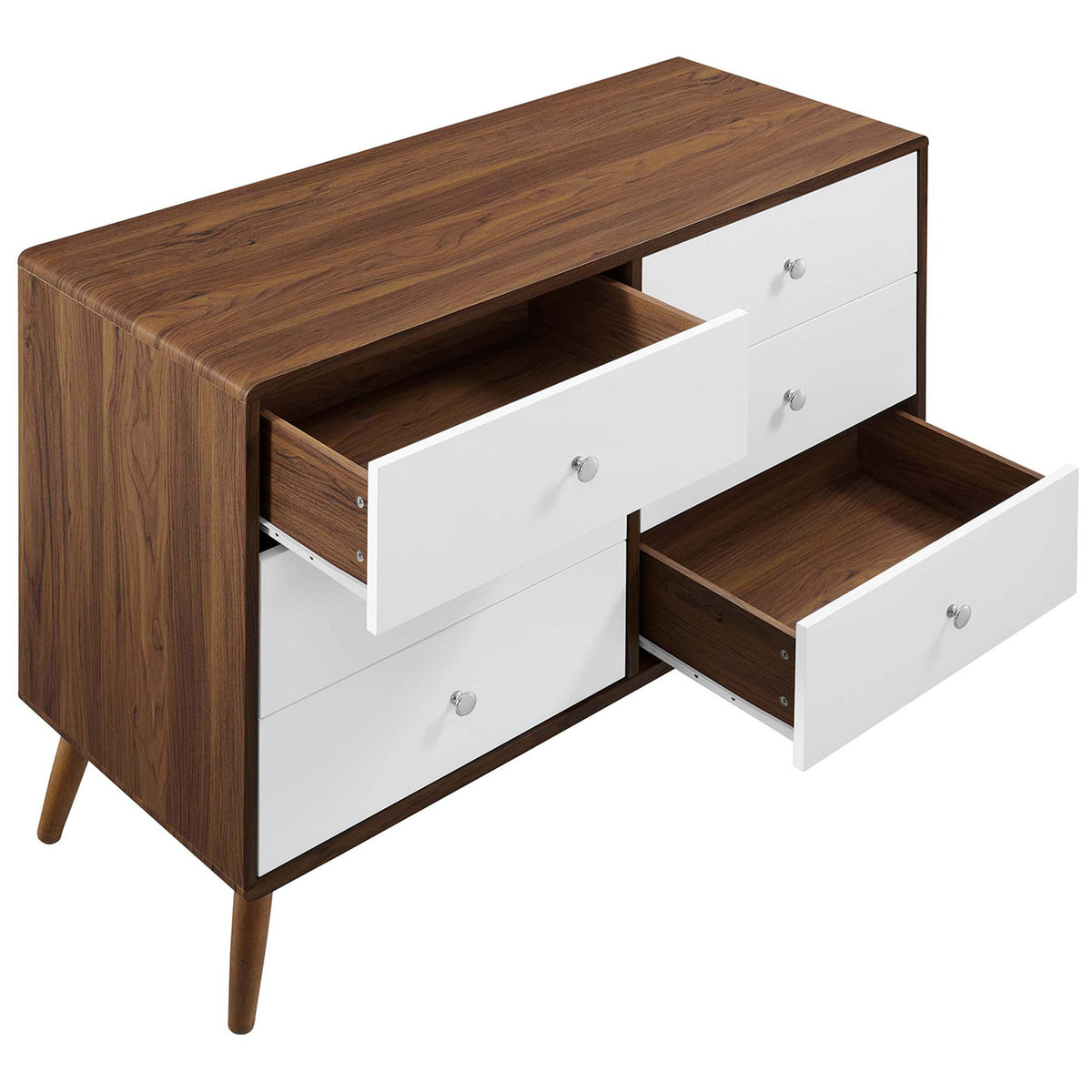 Walnut and white dresser with multiple drawers open, revealing spacious storage interiors. || MOD-7021-WAL-WHI || front_angle_open_studio