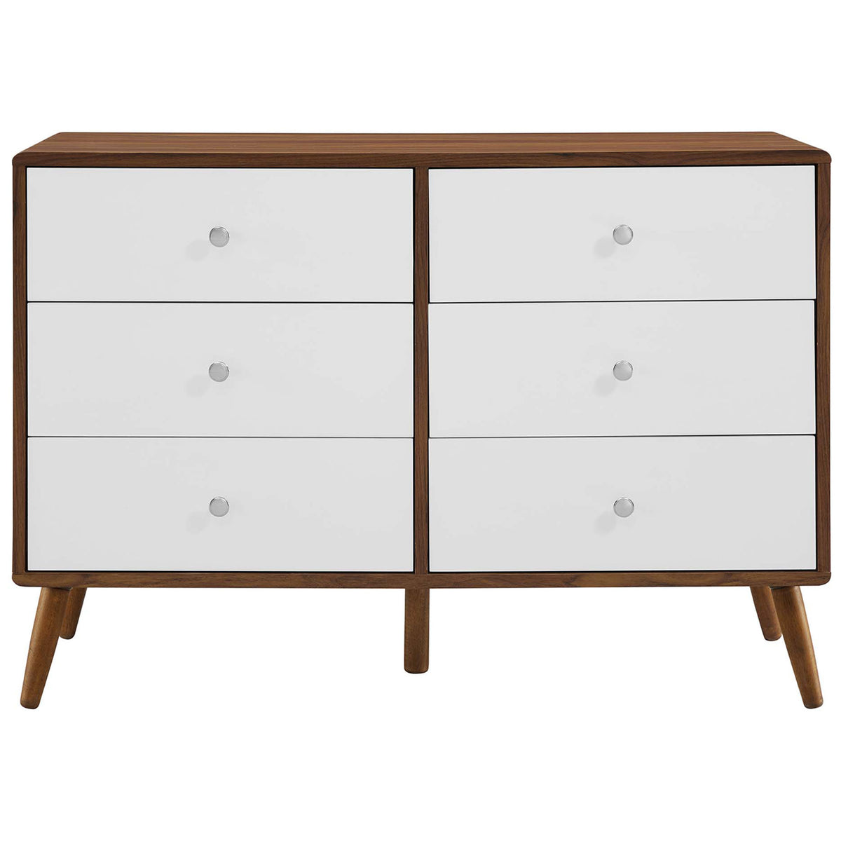 Six-drawer walnut and white dresser with mid-century lines and splayed tapered legs. || MOD-7021-WAL-WHI || front_studio