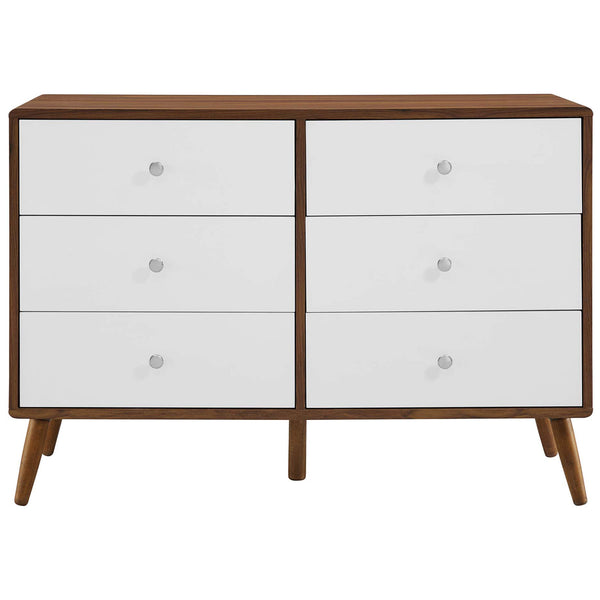 Six-drawer walnut and white dresser with mid-century lines and splayed tapered legs. || MOD-7021-WAL-WHI || front_studio