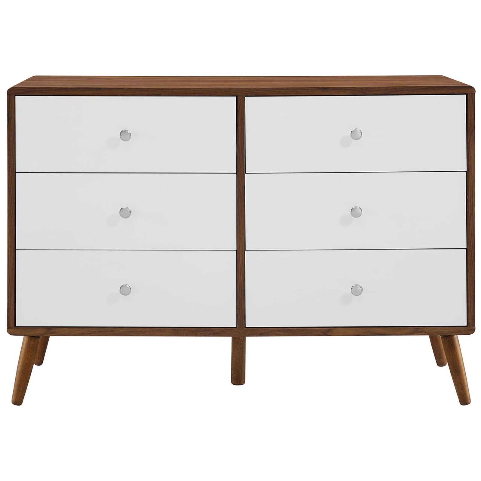 Six-drawer walnut and white dresser with mid-century lines and splayed tapered legs. || MOD-7021-WAL-WHI || front_studio