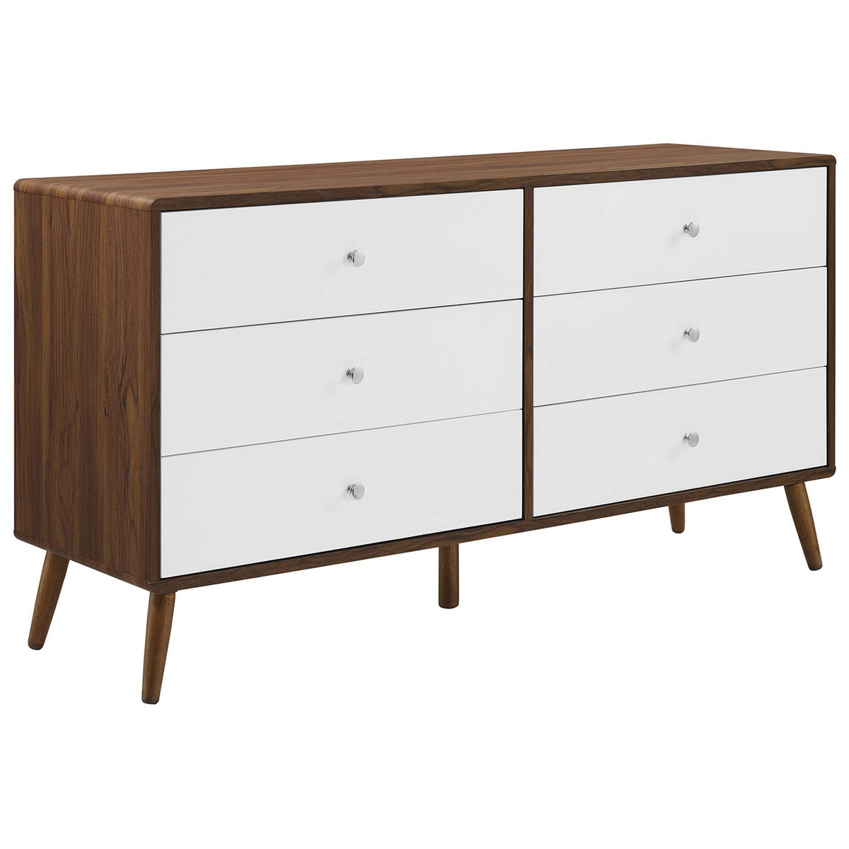 Long walnut and white dresser with slim frame, rounded corners, and splayed tapered legs. || MOD-7022-WAL-WHI || front_angle_studio