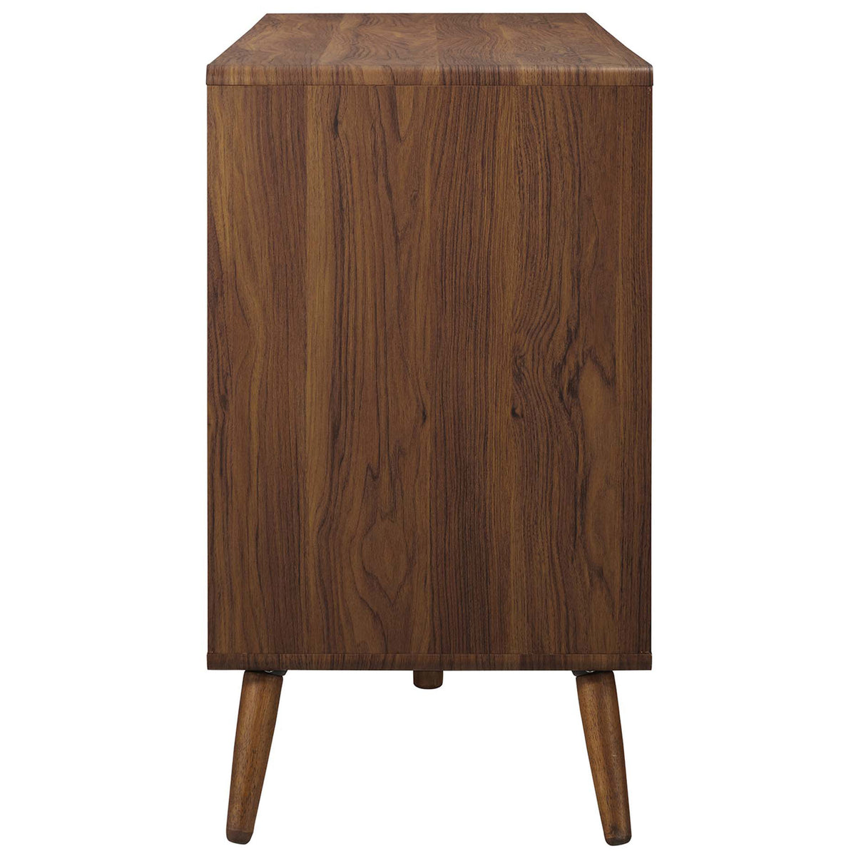 Slender walnut dresser side shows rich wood grain and simple mid-century legs. || MOD-7022-WAL-WHI || side_studio