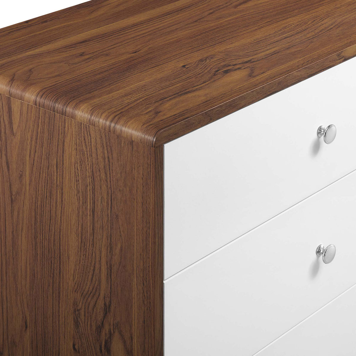 Smooth walnut dresser top with rounded edge and white drawer fronts with small metal knobs. || MOD-7022-WAL-WHI || detail_studio