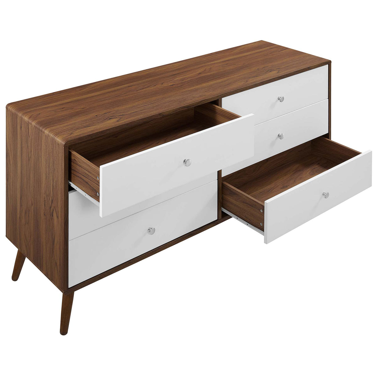 Extra-wide walnut and white dresser with drawers open to reveal deep, easy-access storage. || MOD-7022-WAL-WHI || front_angle_open_studio