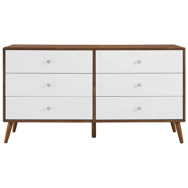 Wide six-drawer walnut and white dresser offering generous storage and a sleek mid-century profile. || MOD-7022-WAL-WHI || front_studio