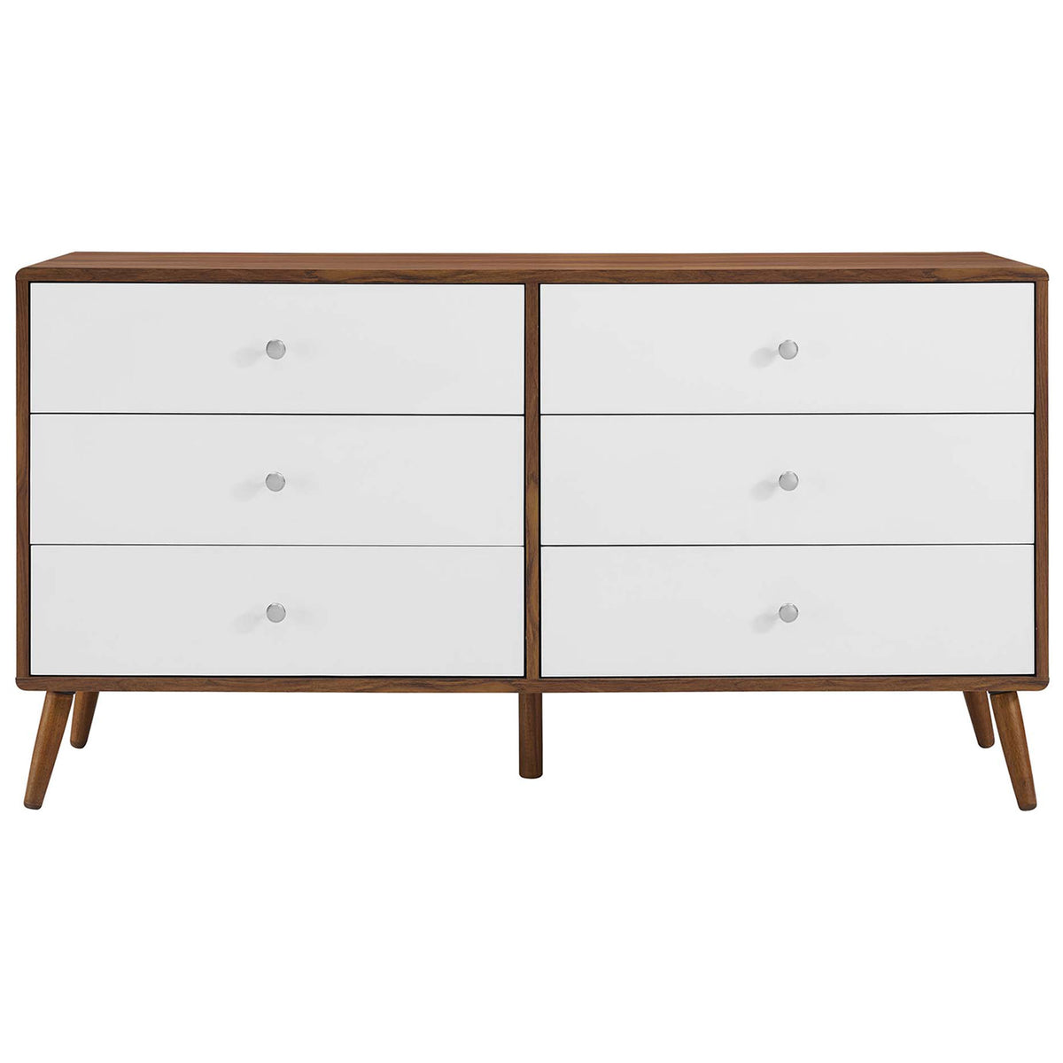 Wide six-drawer walnut and white dresser offering generous storage and a sleek mid-century profile. || MOD-7022-WAL-WHI || front_studio