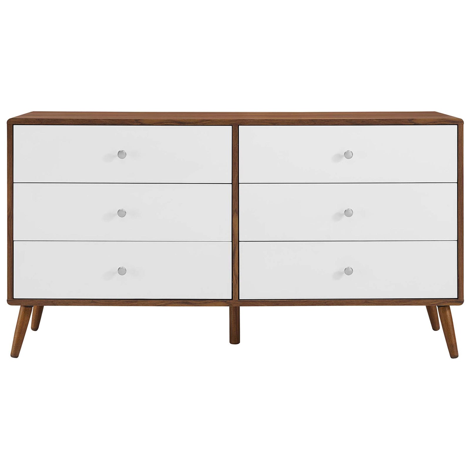 Wide six-drawer walnut and white dresser offering generous storage and a sleek mid-century profile. || MOD-7022-WAL-WHI || front_studio
