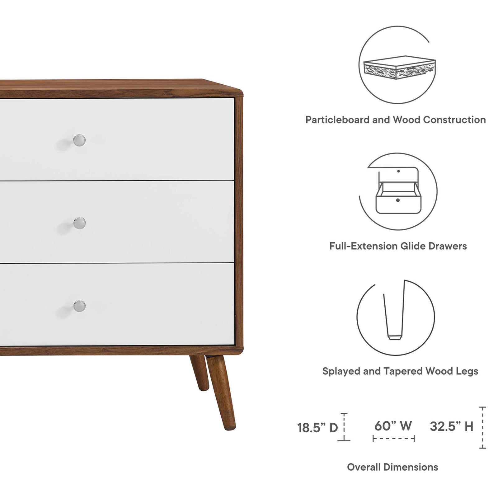 Transmit wide dresser graphic shows construction highlights, glide drawers, tapered legs, and dimensions. || MOD-7022-WAL-WHI || dimension_studio