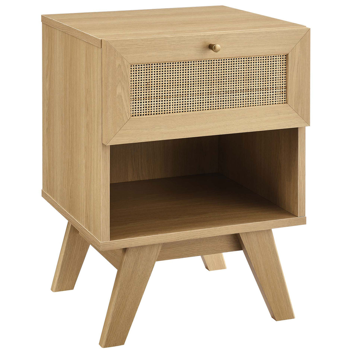 Soma oak nightstand with rattan drawer front, open shelf, and tapered splayed legs || MOD-7049-OAK || front_angle_studio