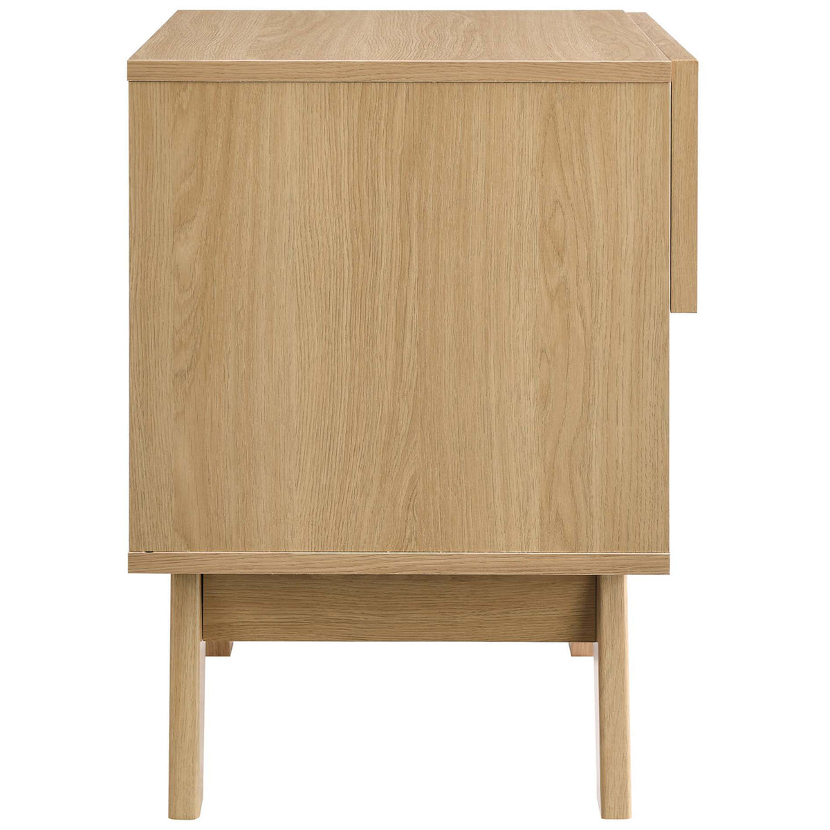 Oak nightstand side profile highlighting smooth wood grain veneer and splayed leg base || MOD-7049-OAK || side_studio