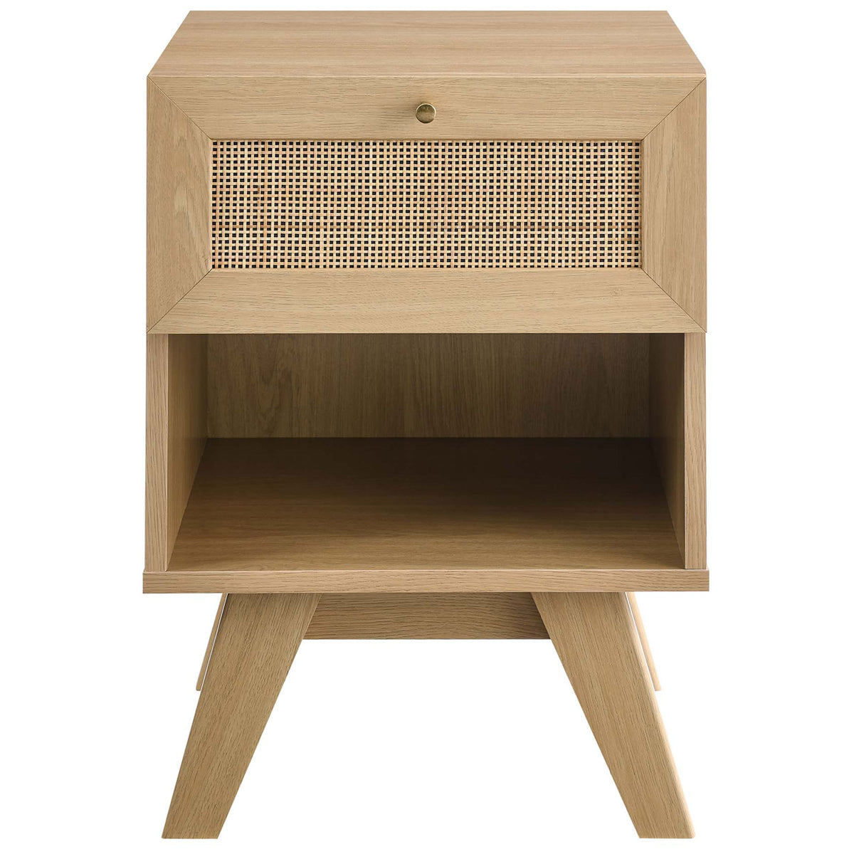 Soma oak 1-drawer nightstand with woven rattan front and spacious open cubby || MOD-7049-OAK || front_studio