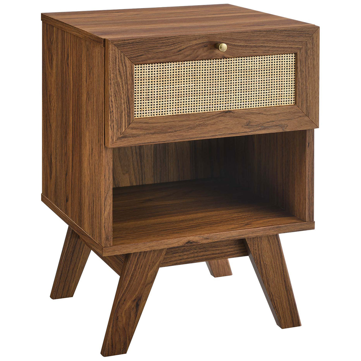 Walnut nightstand with rattan drawer front, brass knob, and open shelf on splayed legs || MOD-7049-WAL || front_angle_studio