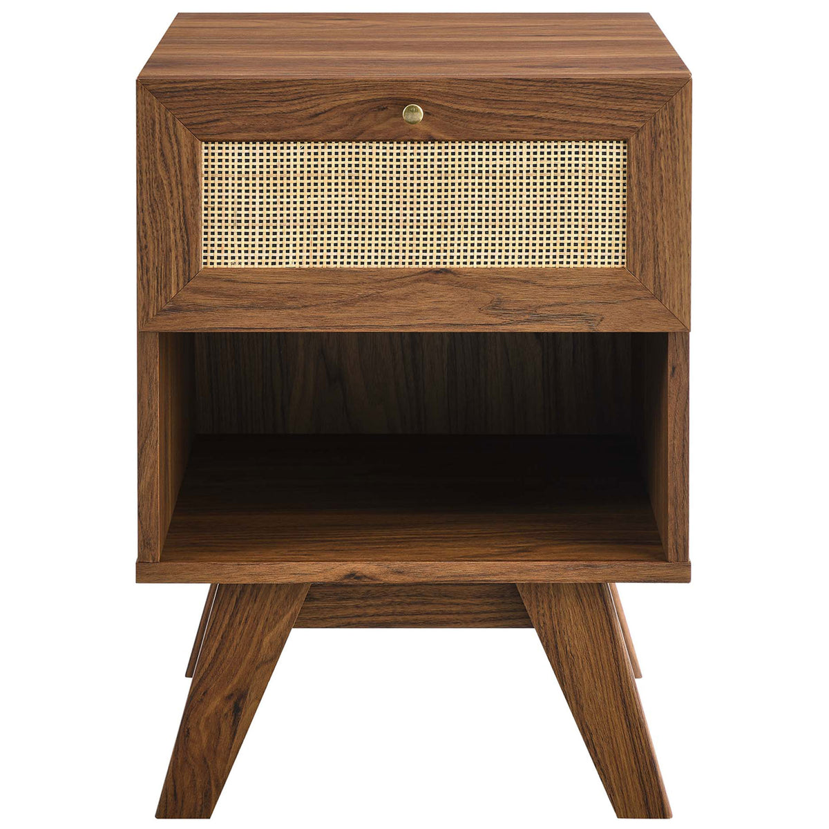 Walnut nightstand with rattan drawer, brass knob, and open storage cubby || MOD-7049-WAL || front_studio