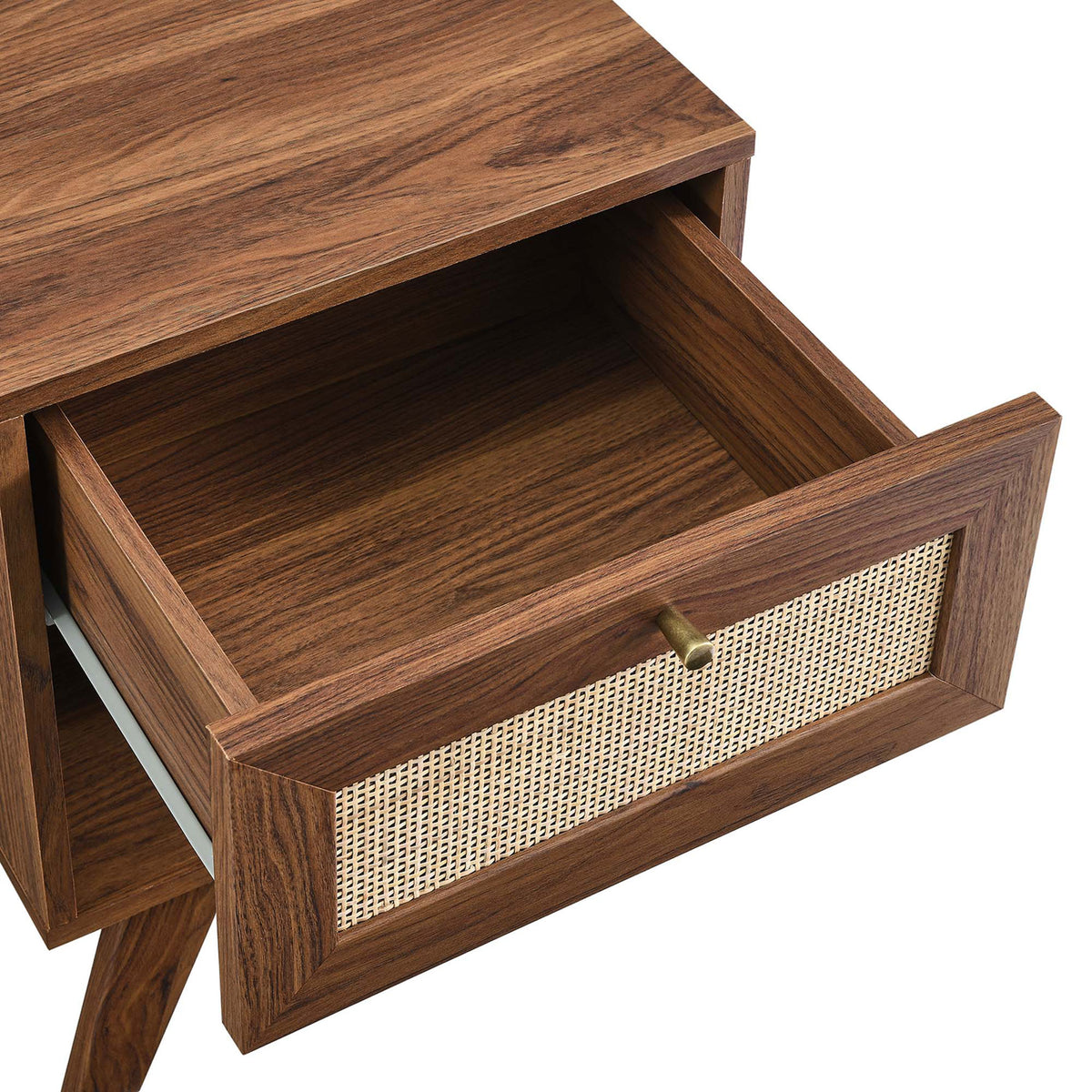 Open drawer reveals spacious storage with smooth glides and woven rattan face || MOD-7049-WAL || storage_open_studio
