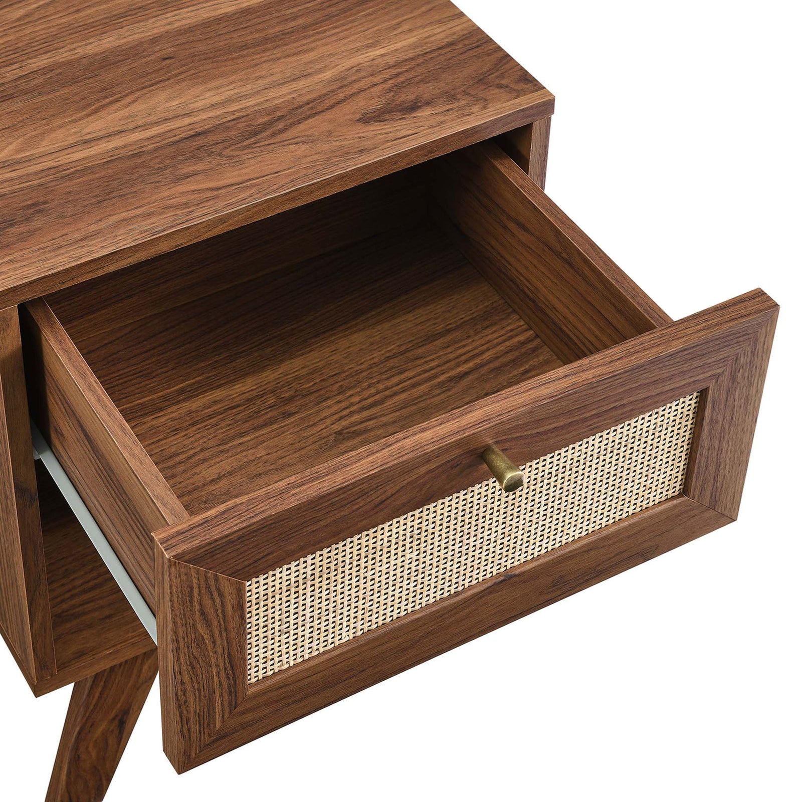 Open drawer reveals spacious storage with smooth glides and woven rattan face || MOD-7049-WAL || storage_open_studio