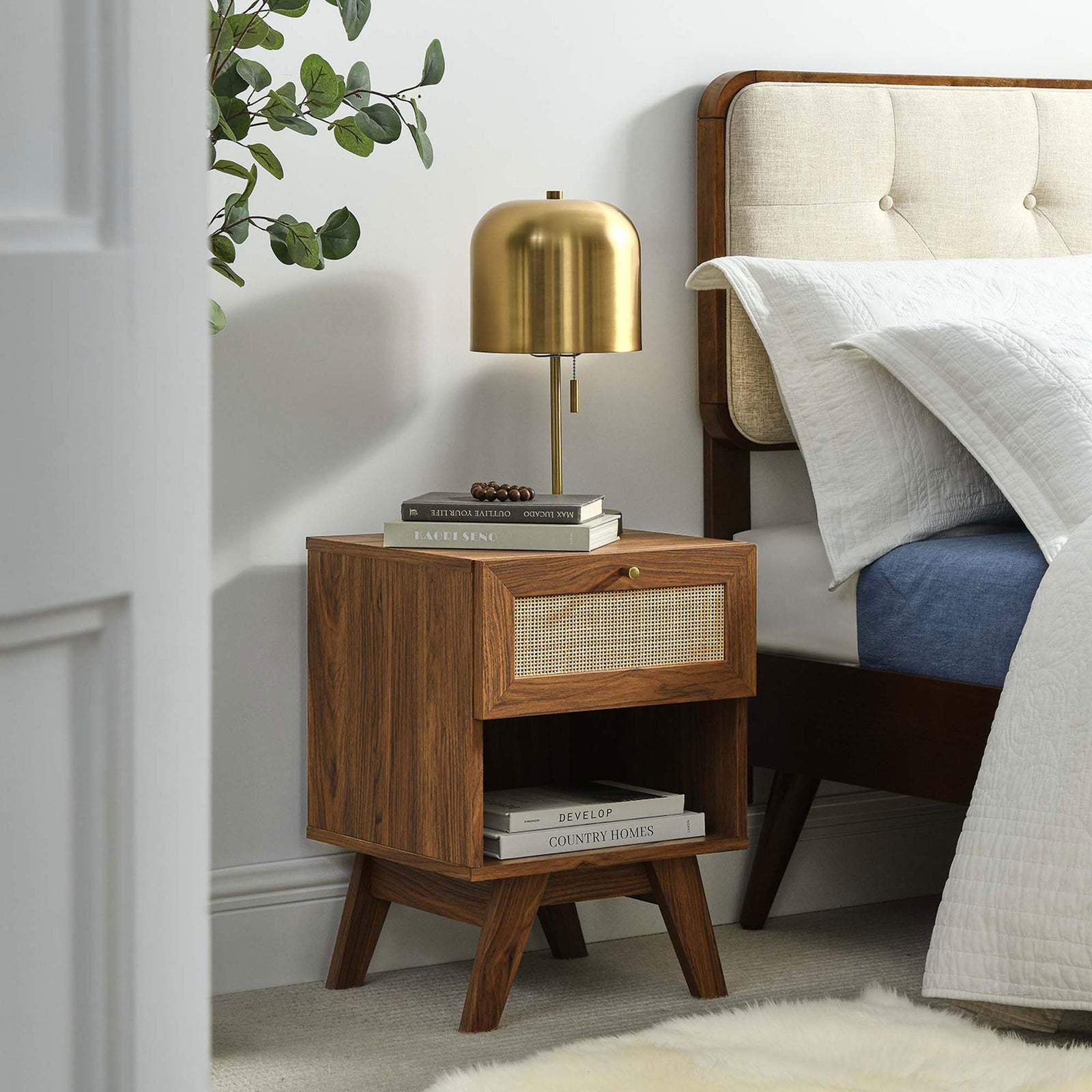 Walnut and rattan nightstand brings mid-century warmth and extra storage beside the bed || MOD-7049-WAL || front_angle_room