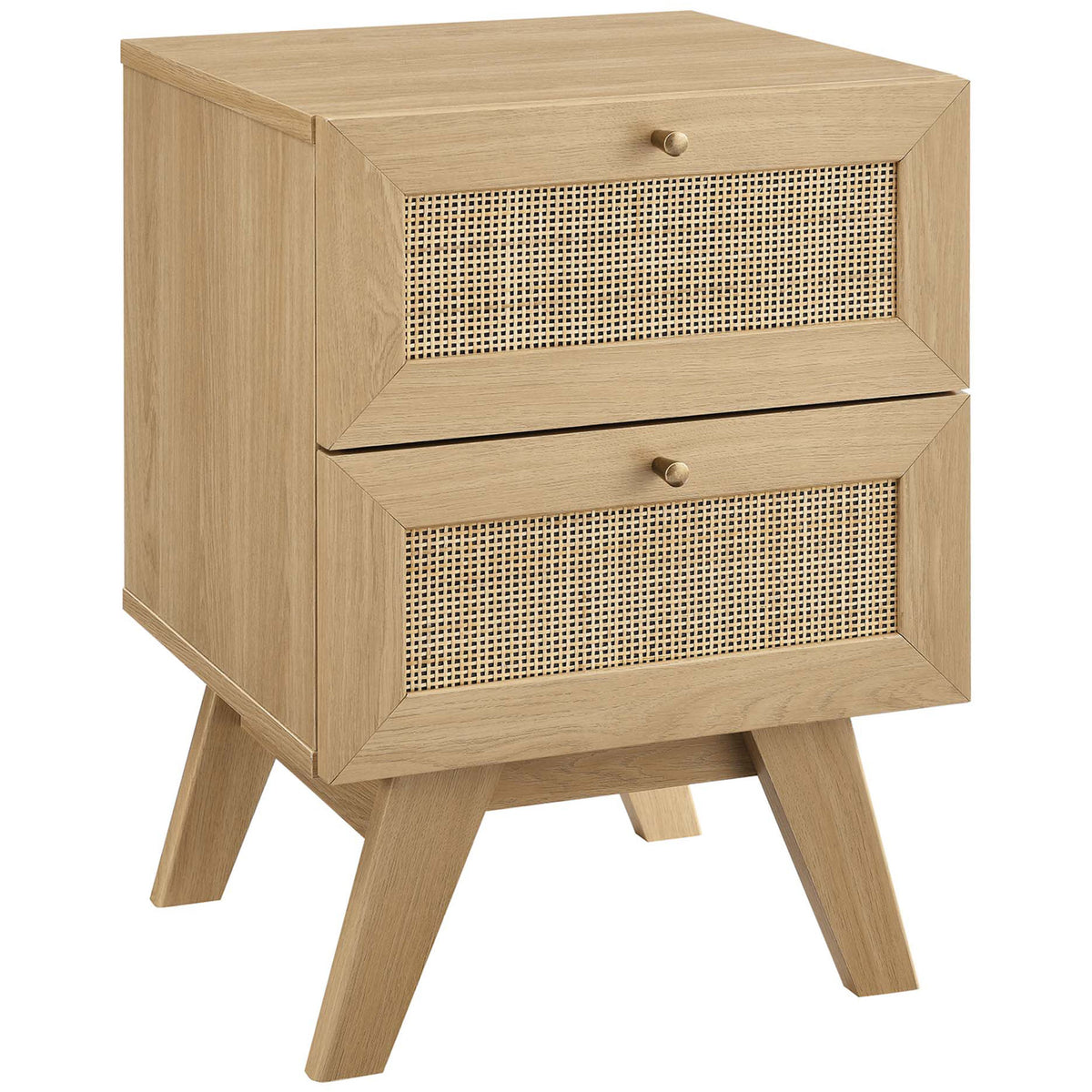Mid-century oak nightstand featuring cane-front drawers and splayed legs for a light, airy look. || MOD-7050-OAK || front_angle_studio