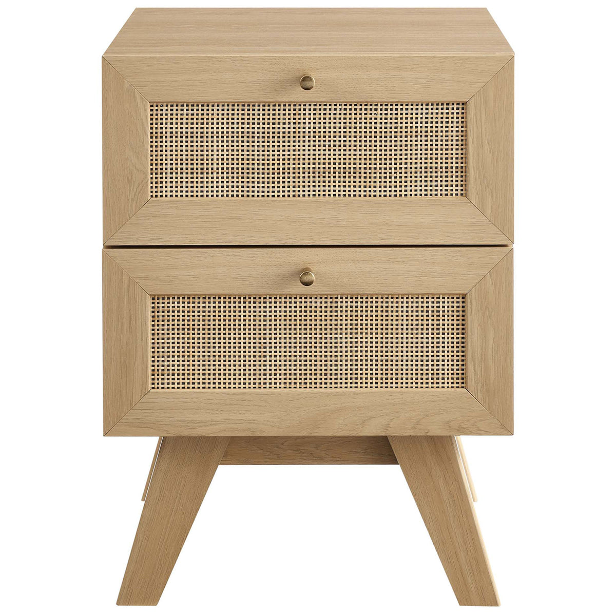 Oak nightstand with two cane-front drawers and slim round pulls for breezy bedside storage. || MOD-7050-OAK || front_studio
