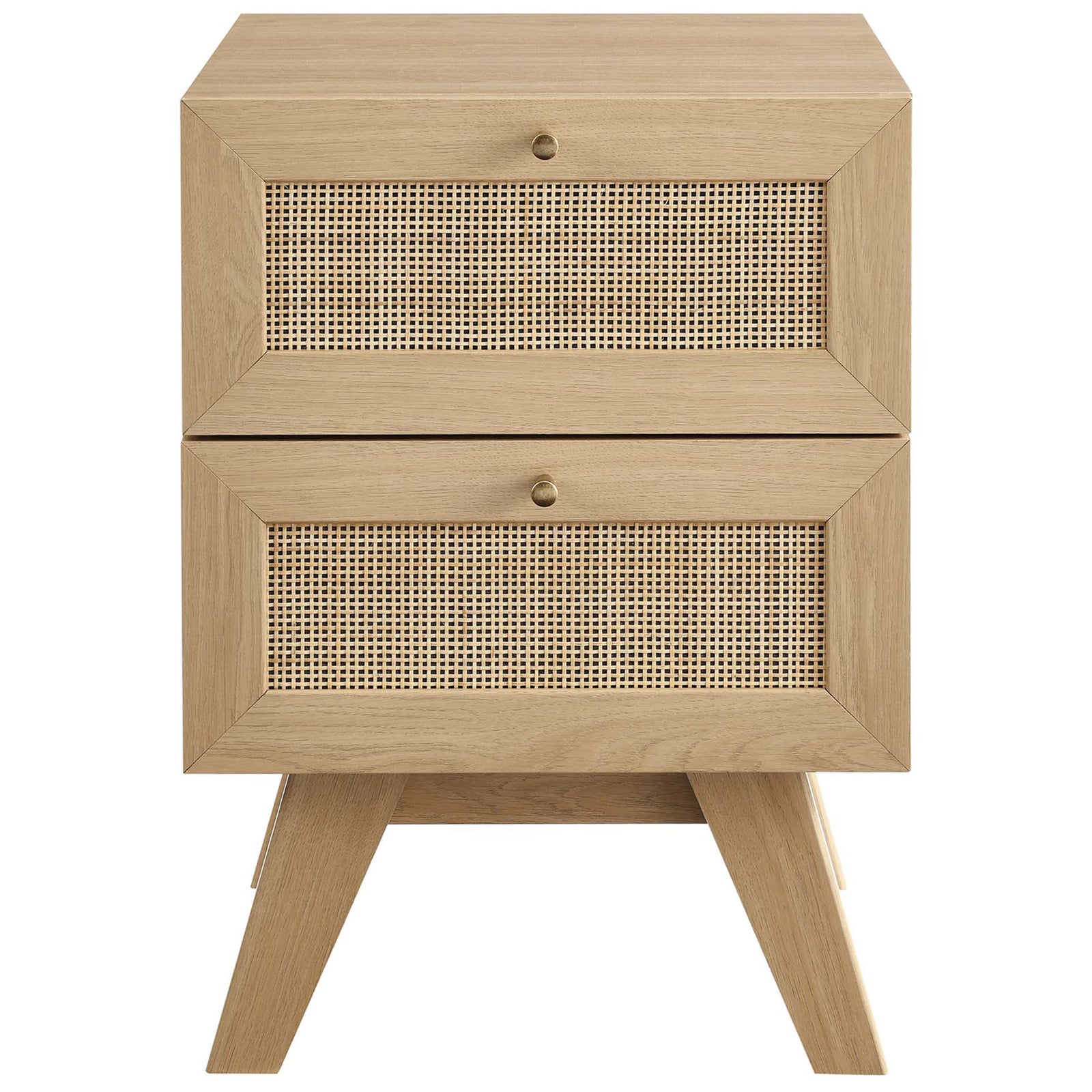Oak nightstand with two cane-front drawers and slim round pulls for breezy bedside storage. || MOD-7050-OAK || front_studio