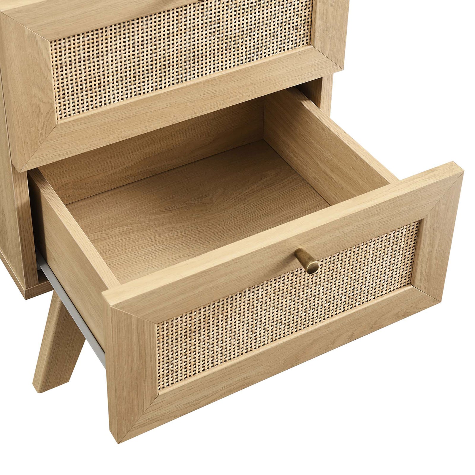 Full-extension drawer glides reveal spacious oak interior for tucking away bedside essentials. || MOD-7050-OAK || storage_open_studio