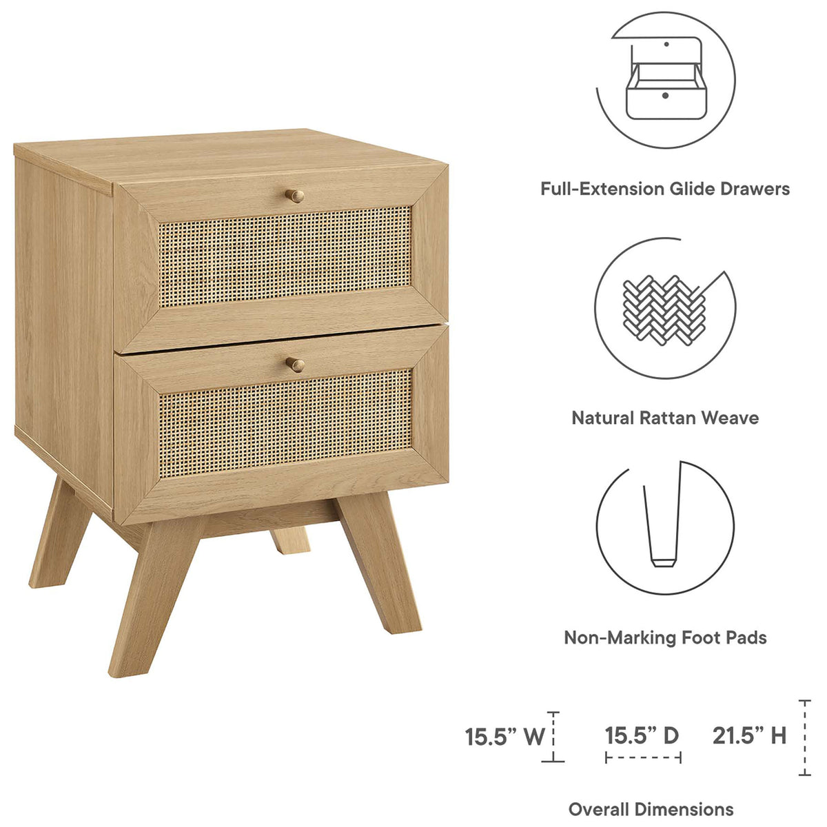 Diagram highlighting the Soma oak nightstand dimensions and key rattan and storage features. || MOD-7050-OAK || dimension_studio
