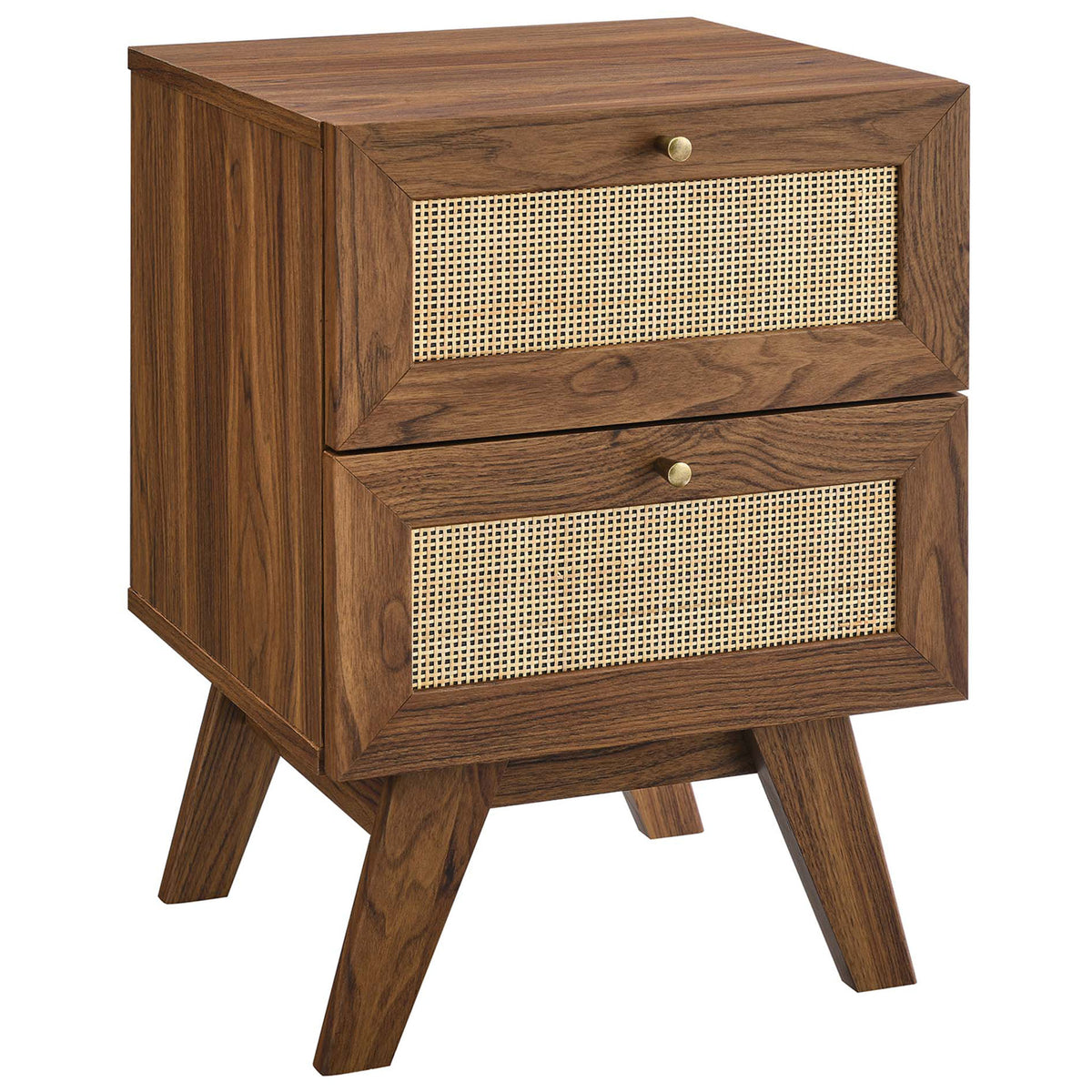 Walnut nightstand with two rattan drawers and splayed mid-century legs || MOD-7050-WAL || front_angle_studio