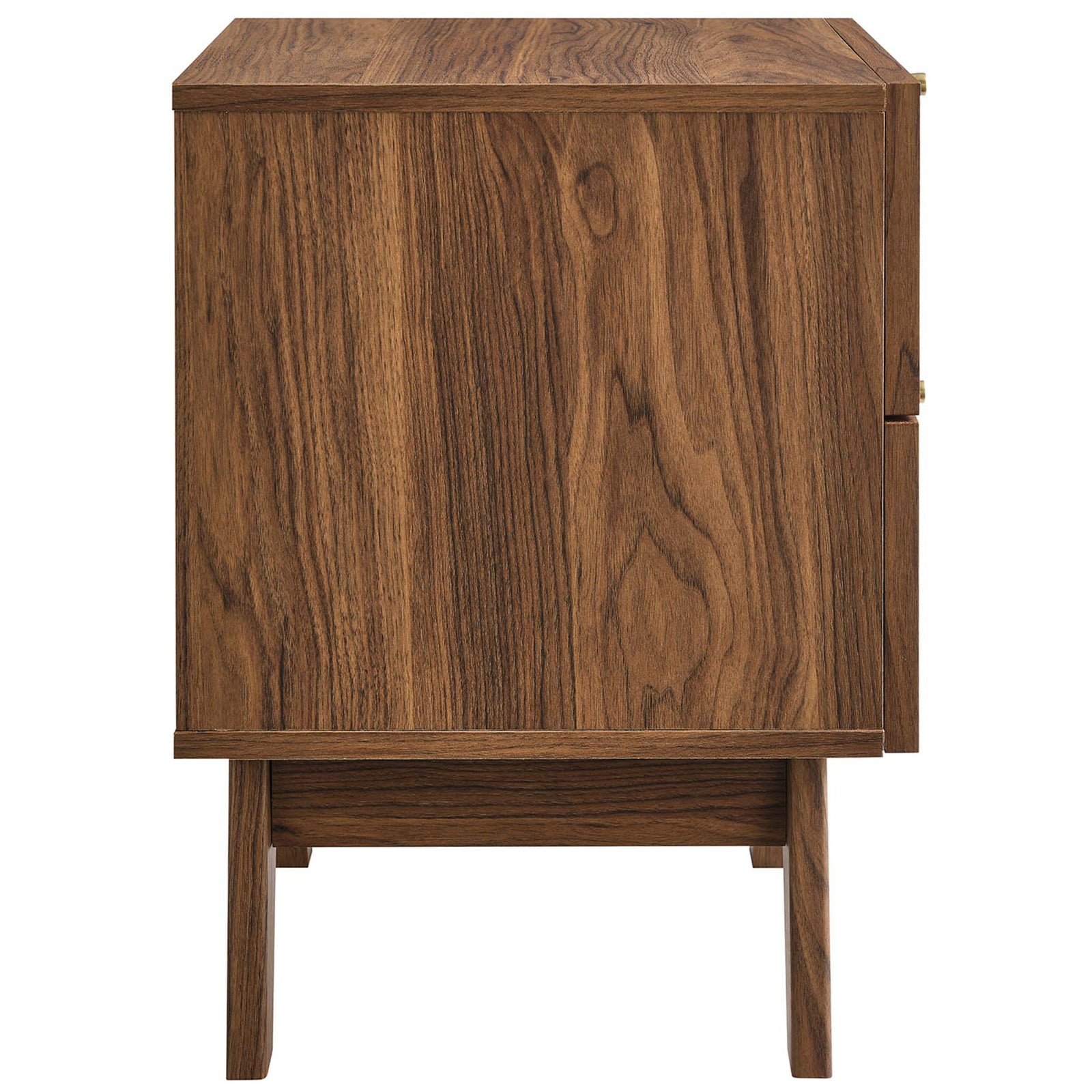 Soma nightstand showcasing rich walnut wood grain on smooth panel sides || MOD-7050-WAL || side_studio