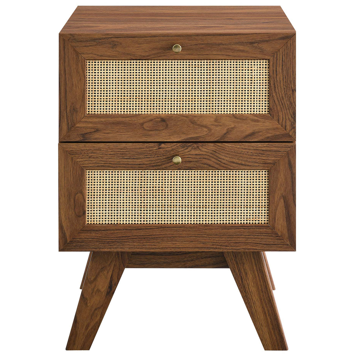 Two-drawer walnut nightstand with natural rattan fronts and brass knob pulls || MOD-7050-WAL || front_studio