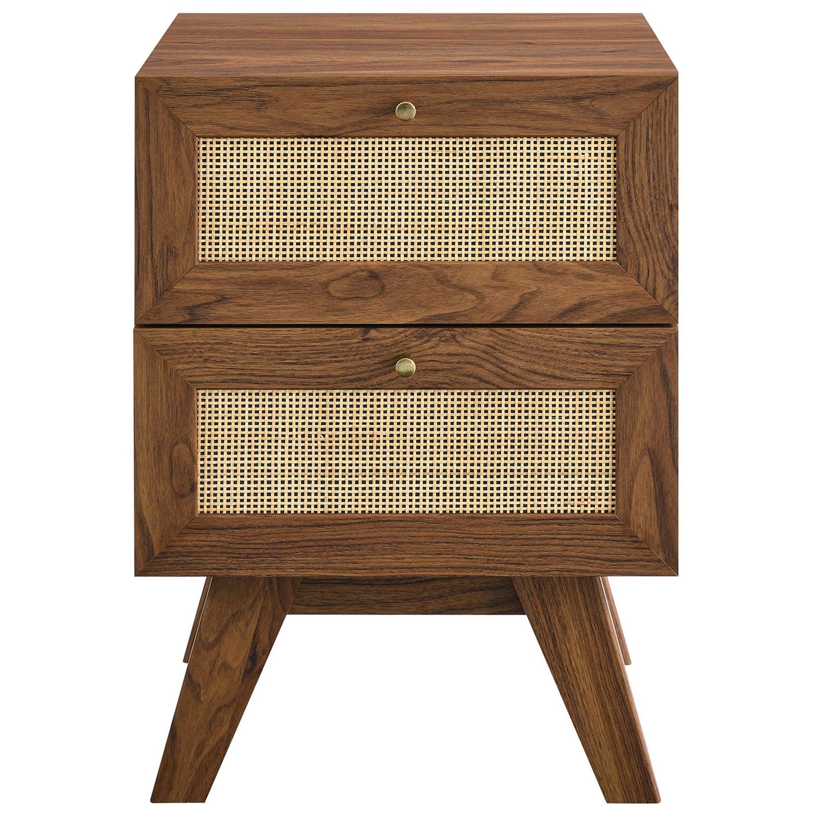 Two-drawer walnut nightstand with natural rattan fronts and brass knob pulls || MOD-7050-WAL || front_studio