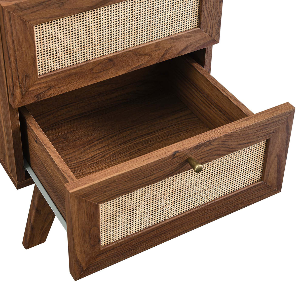 Open lower drawer reveals spacious storage with woven rattan front and brass knob || MOD-7050-WAL || storage_open_studio