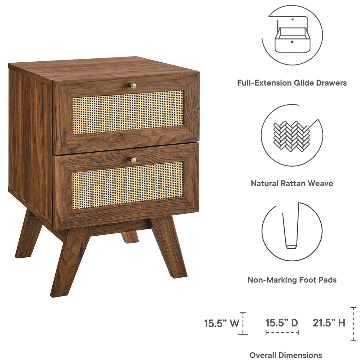 Soma walnut nightstand with icons highlighting rattan drawers, foot pads, and dimensions || MOD-7050-WAL || dimension_studio