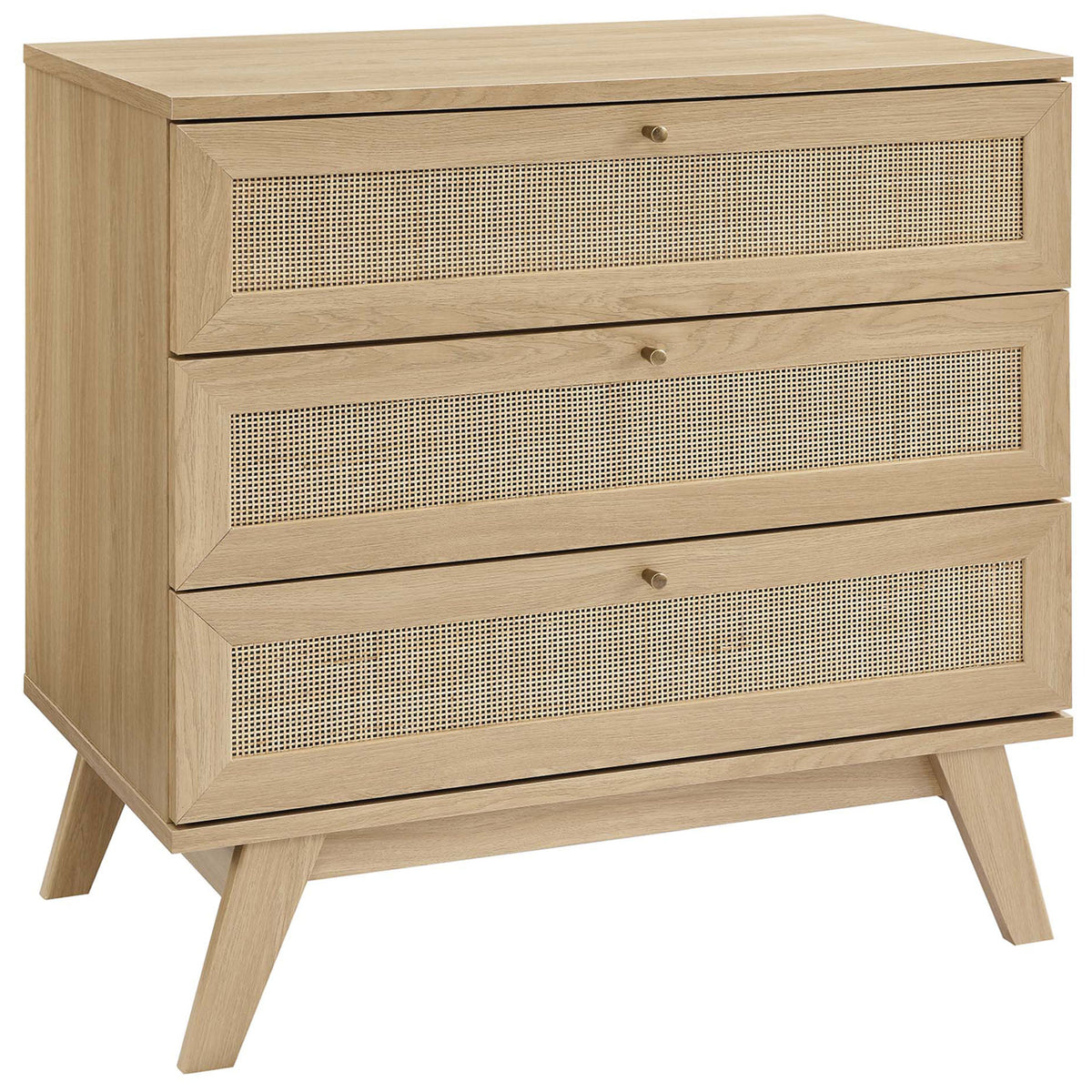 Oak 3-drawer dresser with woven rattan drawer fronts and splayed legs for airy, modern bedroom storage || MOD-7051-OAK || front_angle_studio