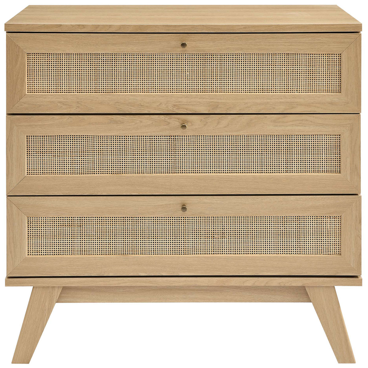 Soma 3-drawer oak dresser with rattan-paneled fronts and slim knobs for refined, organic bedroom style || MOD-7051-OAK || front_studio