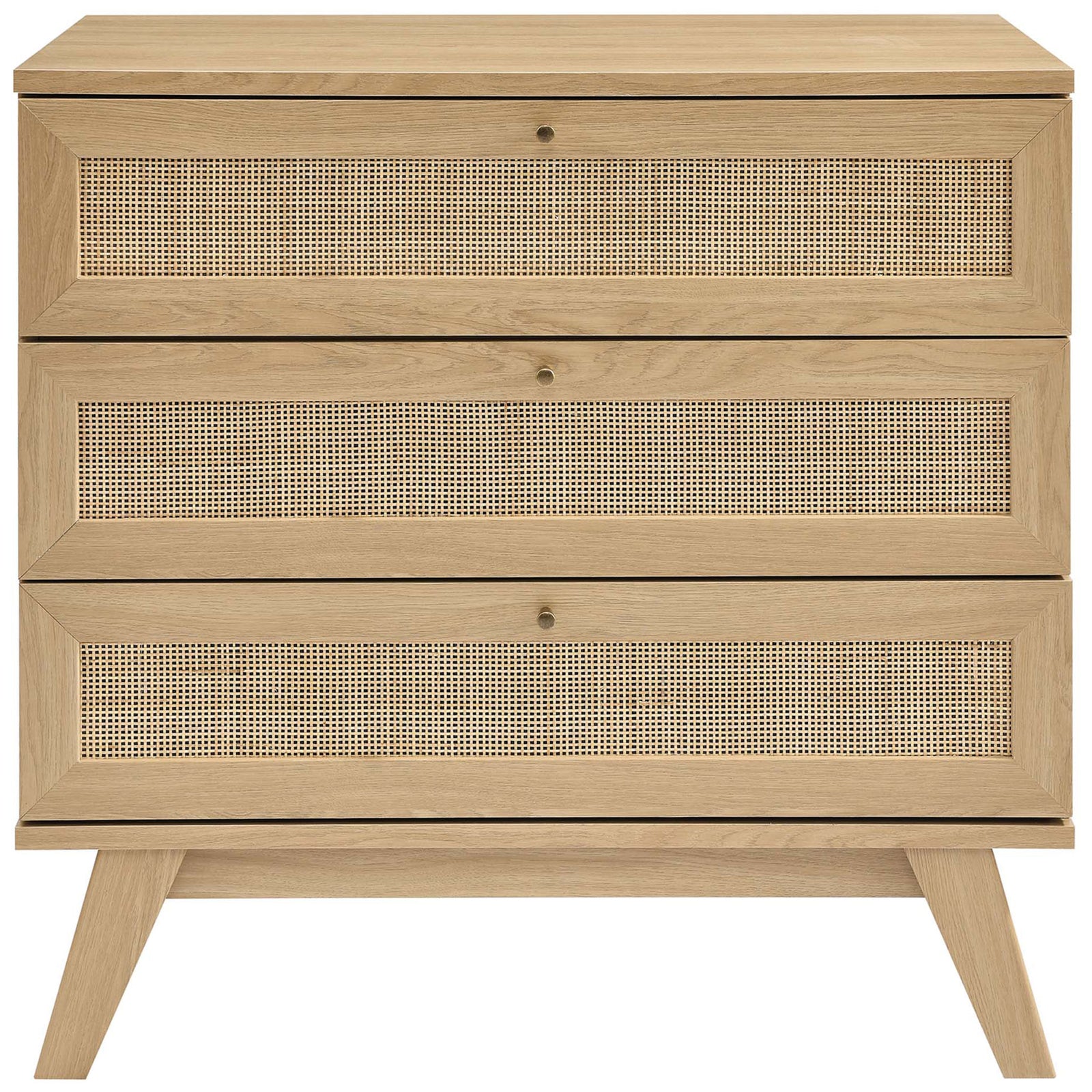Soma 3-drawer oak dresser with rattan-paneled fronts and slim knobs for refined, organic bedroom style || MOD-7051-OAK || front_studio