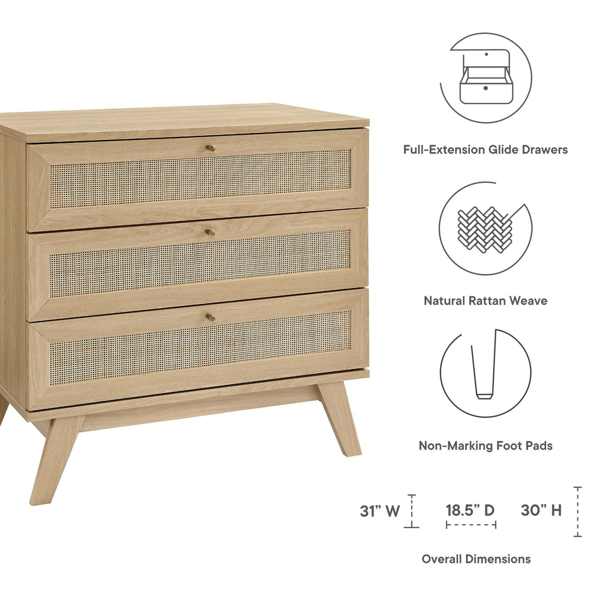 Oak 3-drawer dresser with rattan fronts, glide drawers, and non-marking foot pads highlighted with dimensions || MOD-7051-OAK || dimension_studio