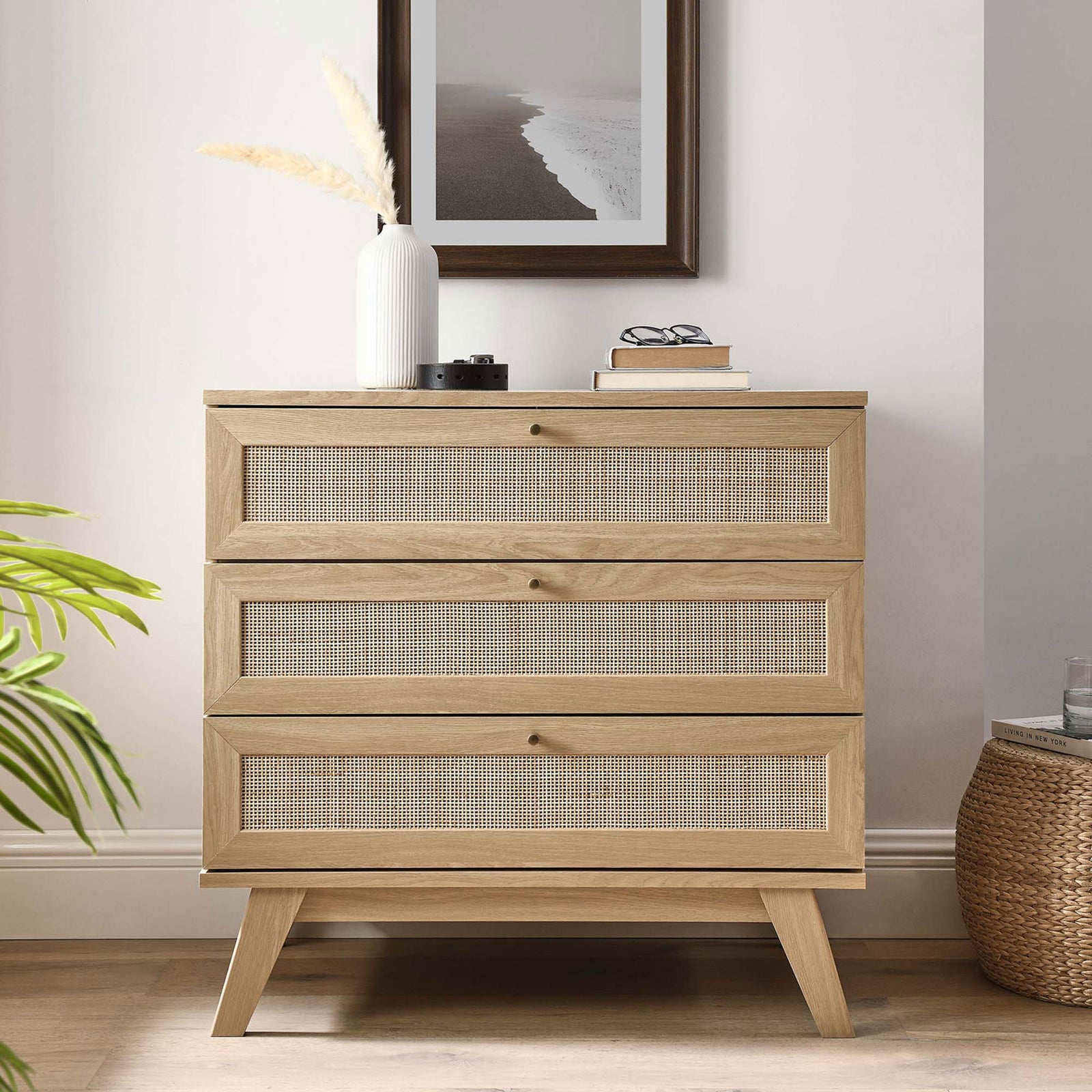Oak 3-drawer dresser with rattan fronts styled with decor in a bright, contemporary bedroom setting || MOD-7051-OAK || front_room